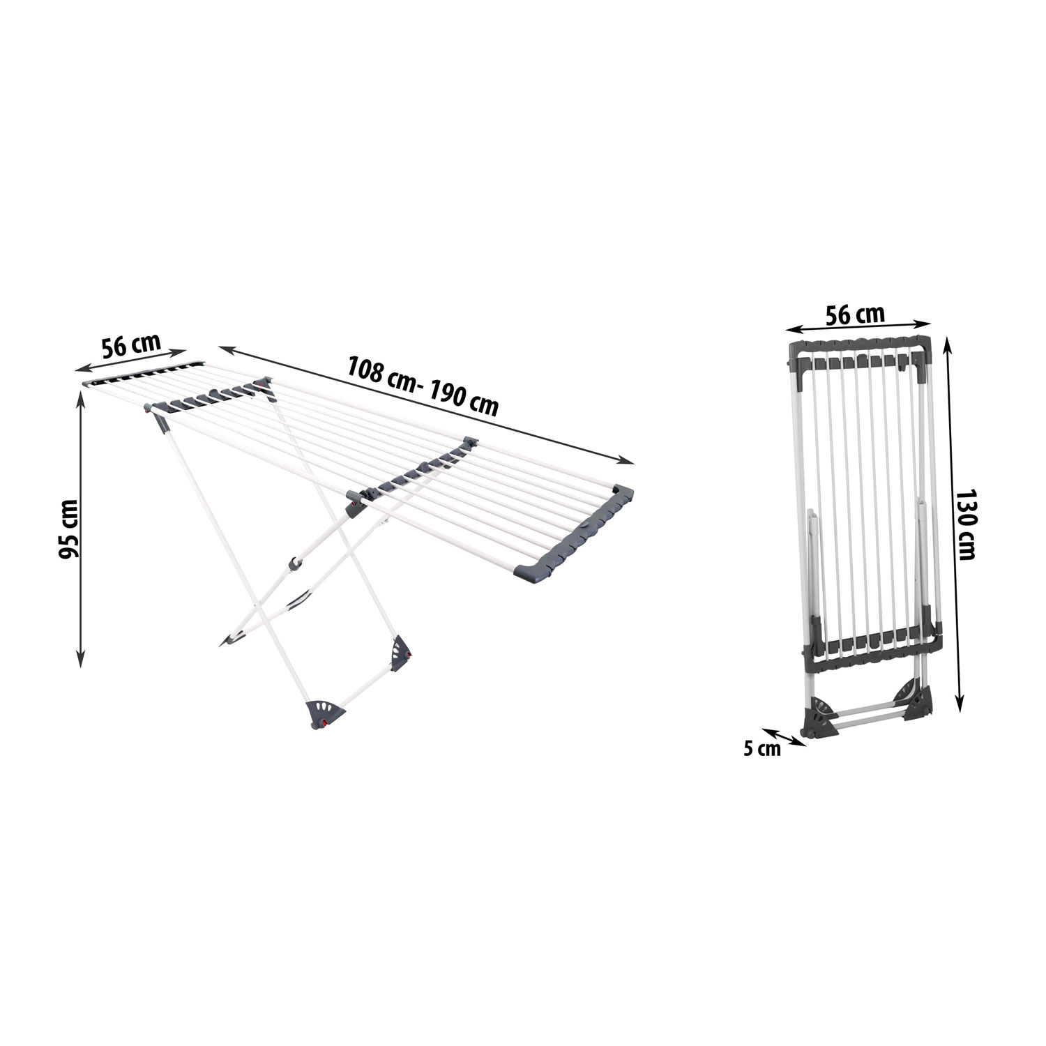Pokazano białą suszarkę do ubrań. Wymiary są oznaczone na zdjęciu. Jest pokazana złożona i otwarta.