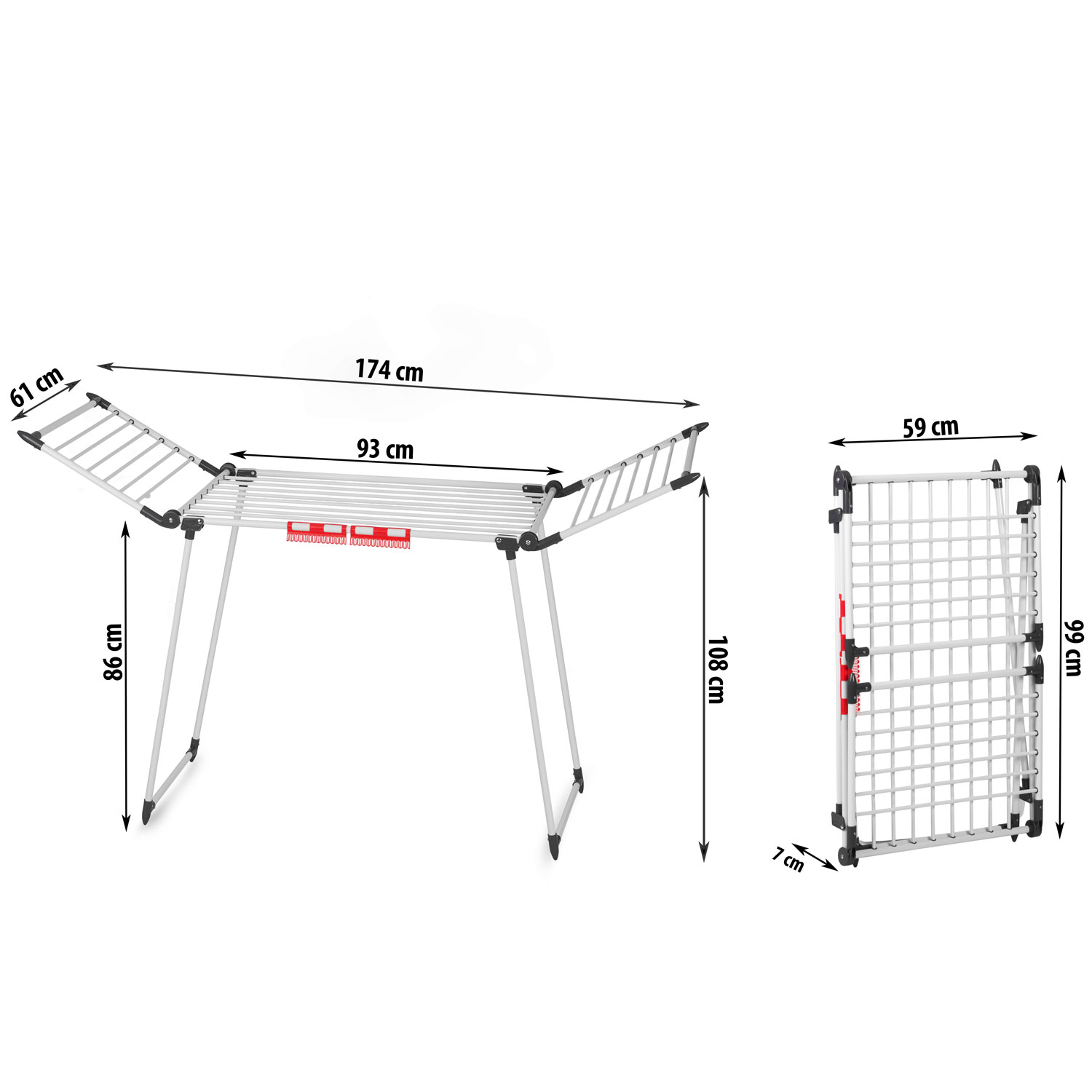 Biały metalowy stojak do suszenia ubrań, otwarty i złożony, z wymiarami. Stojak znajduje się na białym tle.