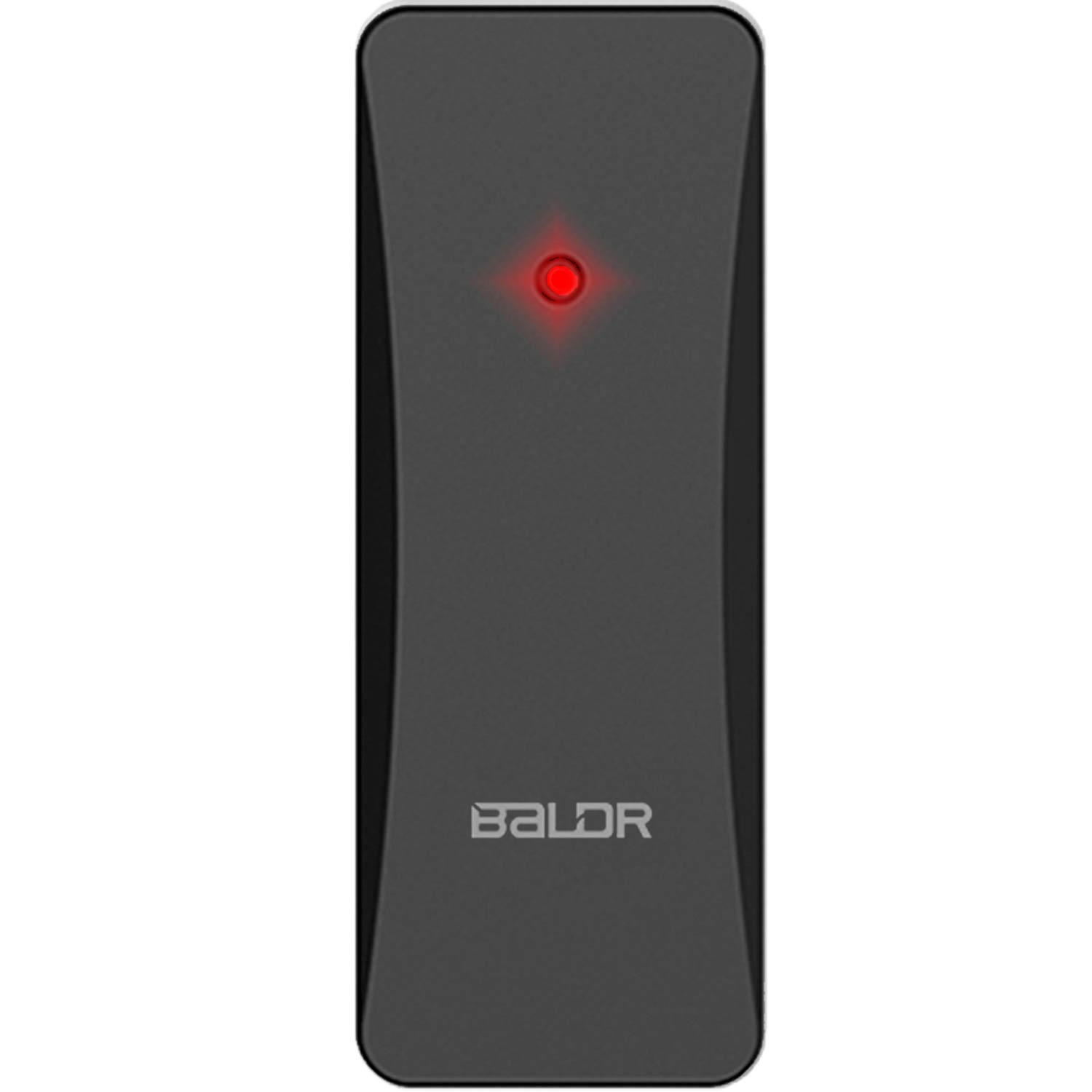 Czarne urządzenie BALDR z czerwonym światłem. Urządzenie jest prostokątne z zaokrąglonymi rogami. BALDR jest wydrukowane na dole.