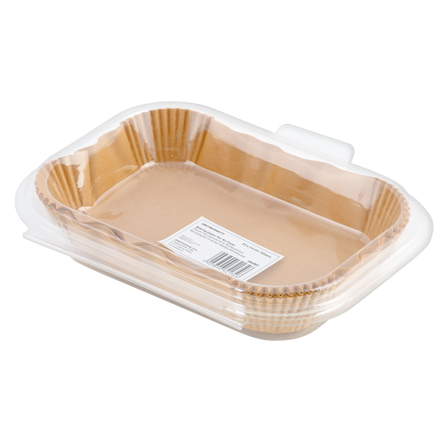 Brązowy papier do pieczenia w przezroczystym plastikowym pojemniku. Pojemnik ma pokrywkę. Na pojemniku jest etykieta.