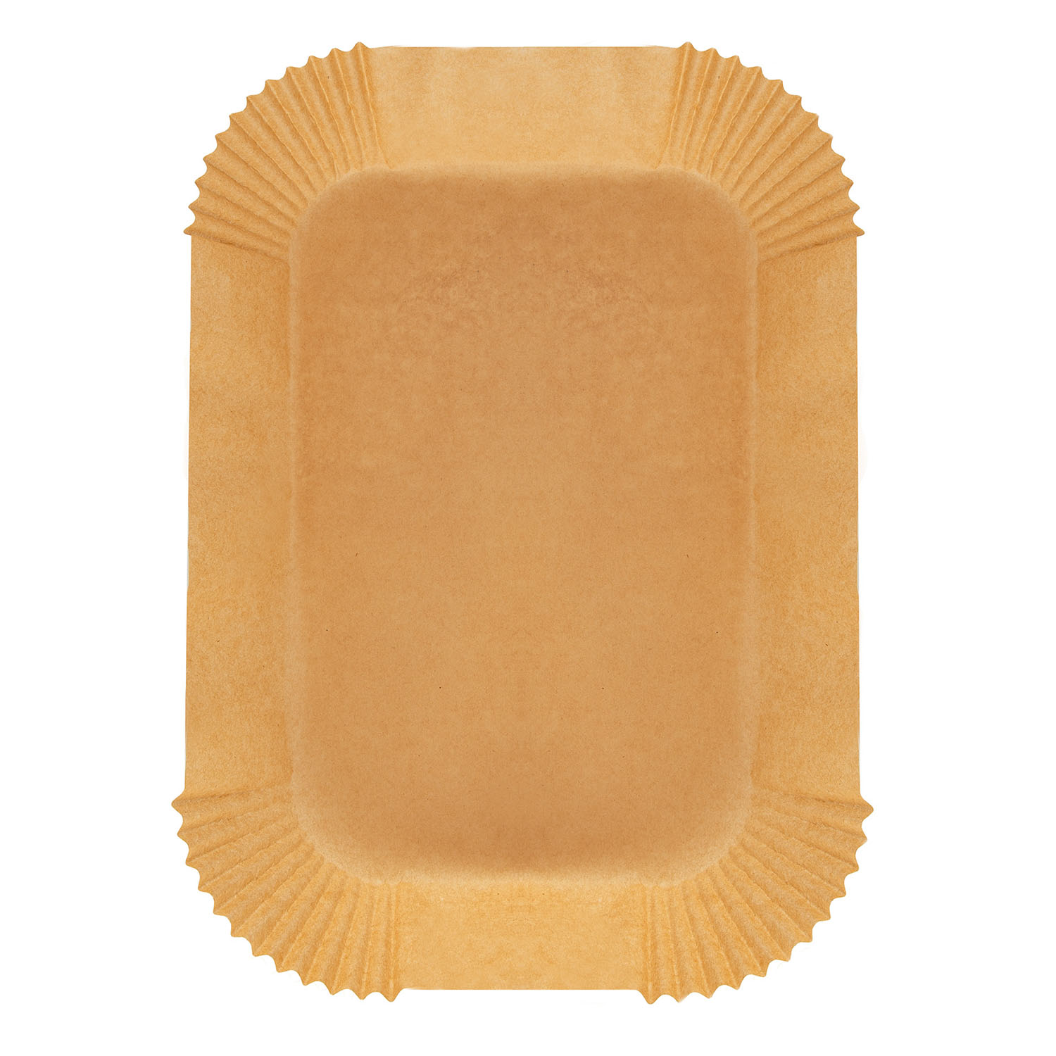 Prostokątna, brązowa papierowa forma do pieczenia z falistą krawędzią, wyizolowana na białym tle. Forma jest pusta.