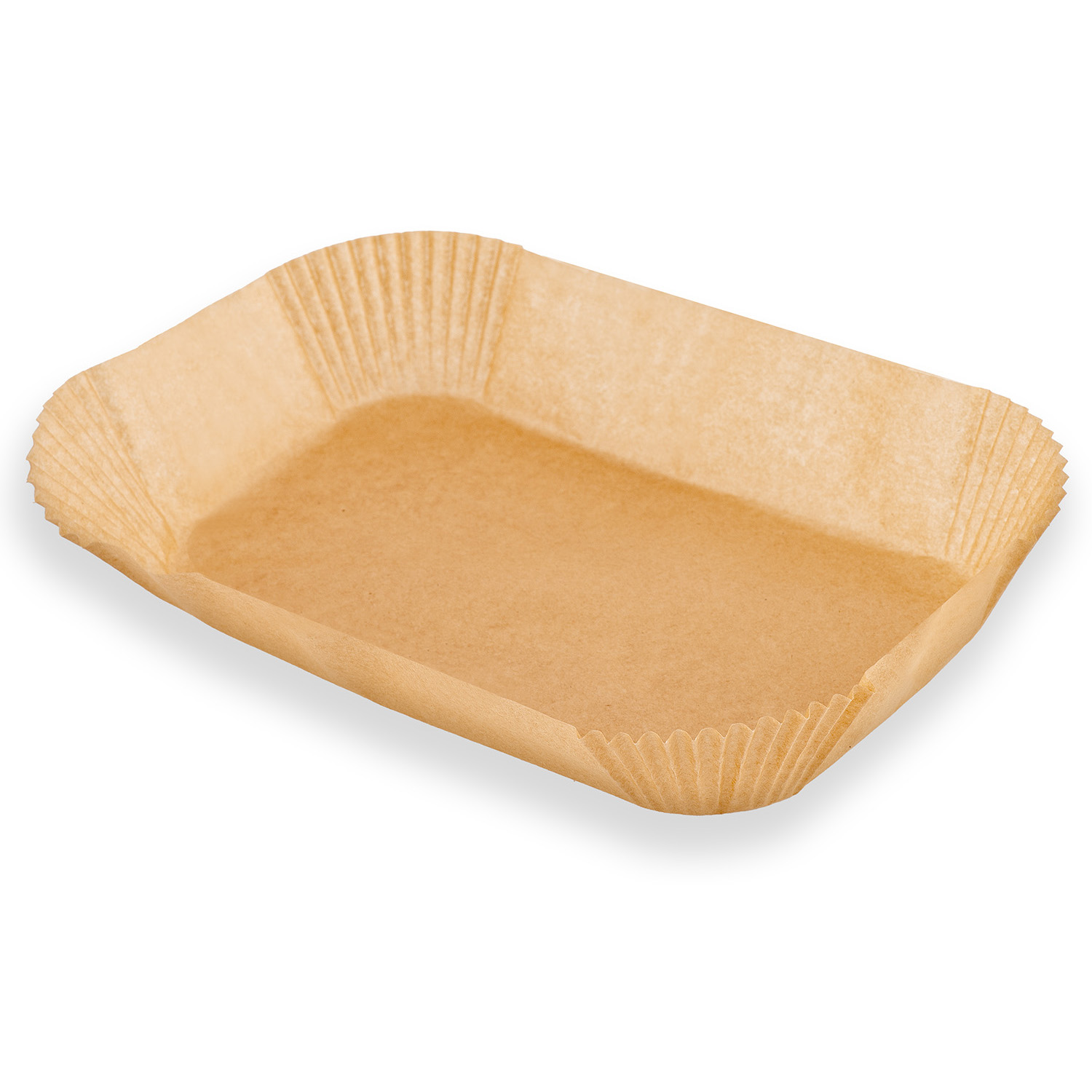 Prostokątny, brązowy papierowy kubek do pieczenia leży na białej powierzchni. Ma karbowaną krawędź i jest pusty, rzucając cień.