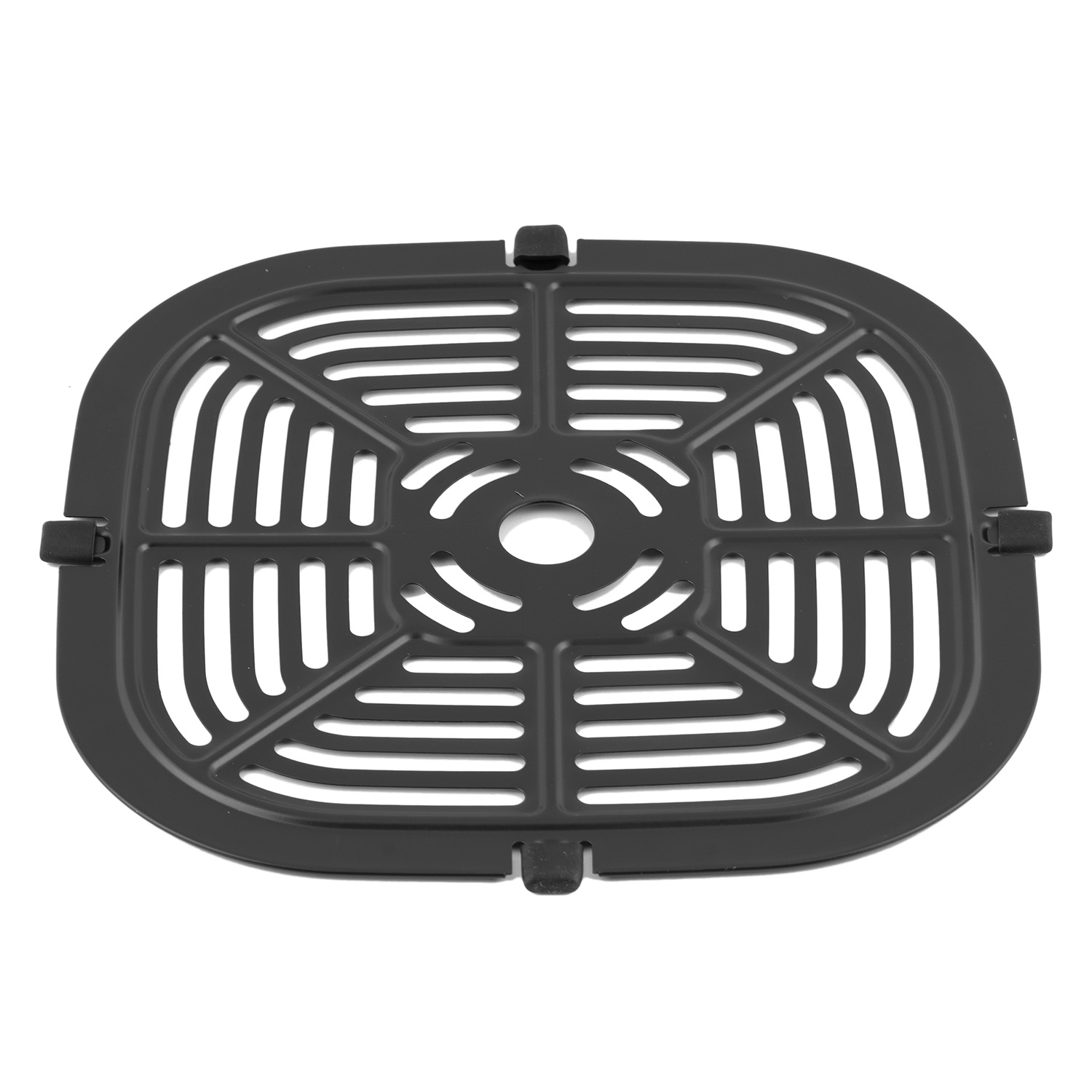 Czarny, perforowany kosz do frytkownicy powietrznej o owalnym kształcie. Ma centralny okrągły wzór i prostokątne podpory.