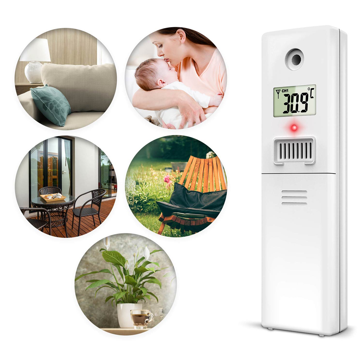 Biały termometr z wyświetlaczem pokazującym 30,9 stopni. Pokazano również obrazy dziecka, salonu, ogrodu i rośliny.