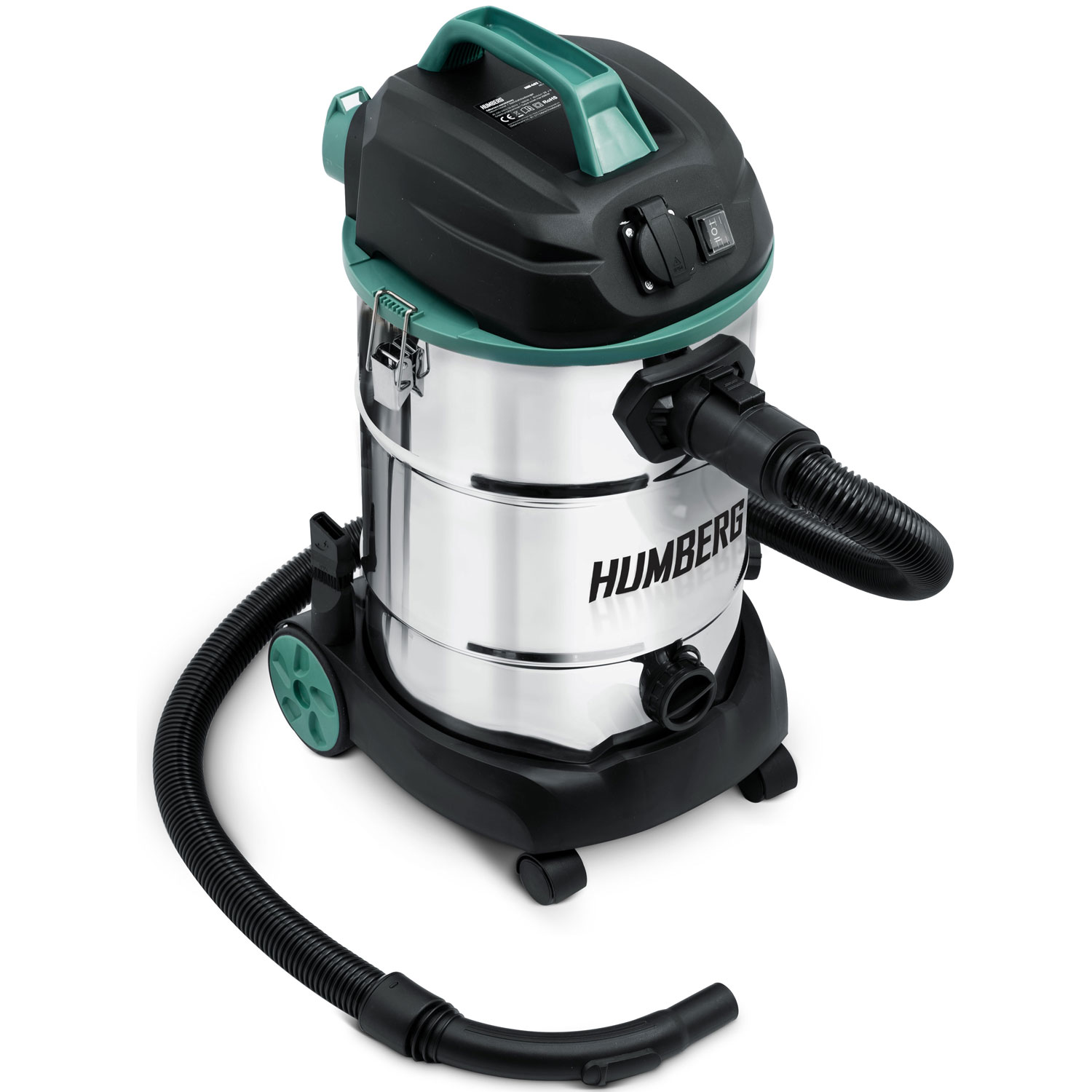 Srebrno-czarny odkurzacz Humberg z zielonym uchwytem i akcentami. Ma wąż i kółka, na białym tle.