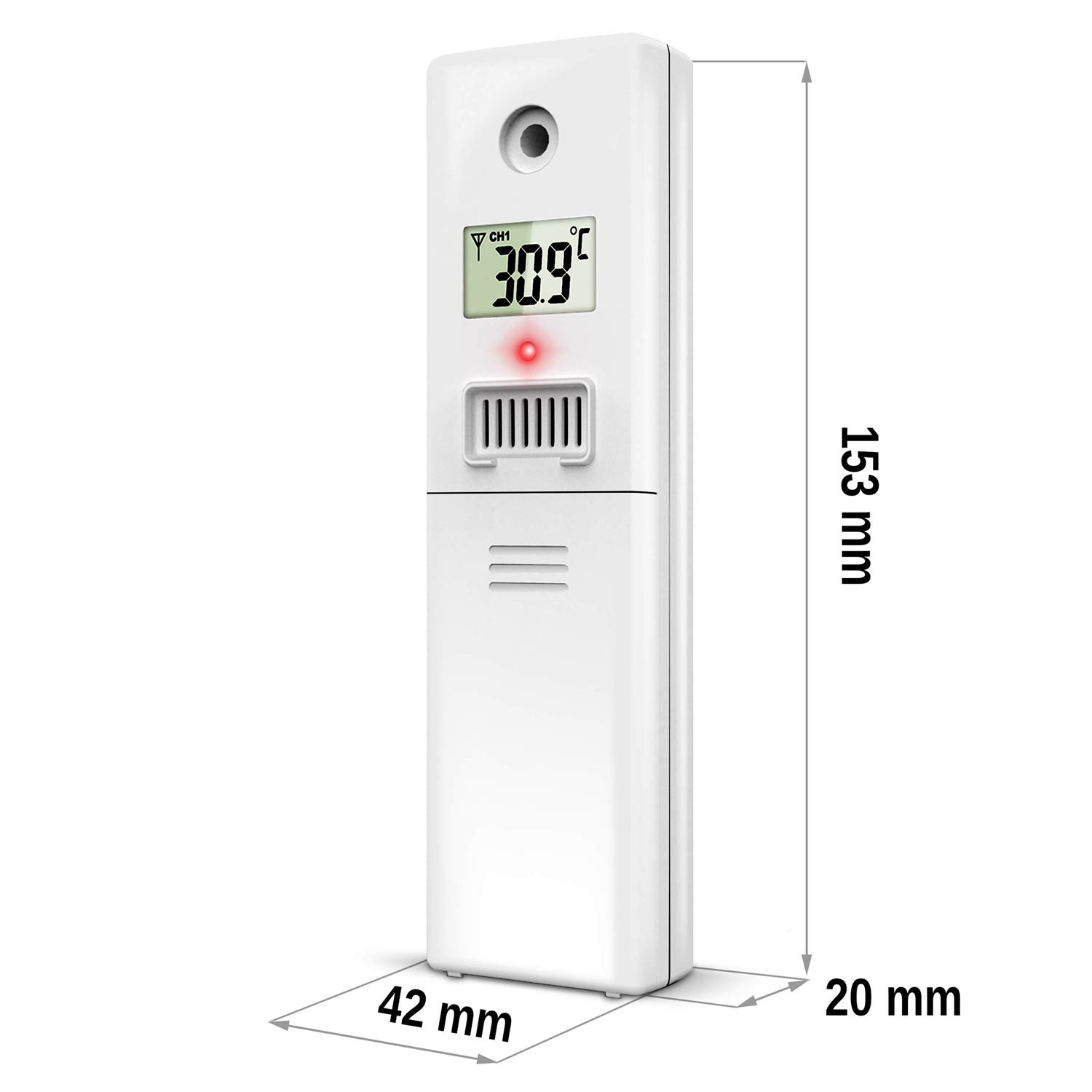 Biały termometr wyświetla 30,9 stopni Celsjusza. Ma ekran, czerwone światło i szczegóły pomiaru. Wymiary: 153x42x20mm.