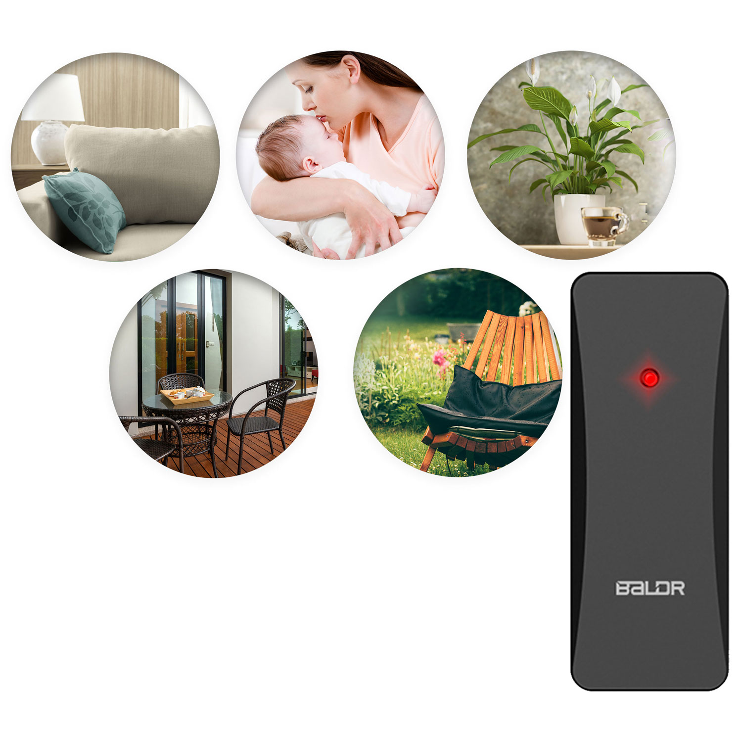 Obraz przedstawia urządzenie z czerwonym światłem, sceny z kanapą, matką z dzieckiem, rośliną, stołem z krzesłami i krzesłem w ogrodzie.