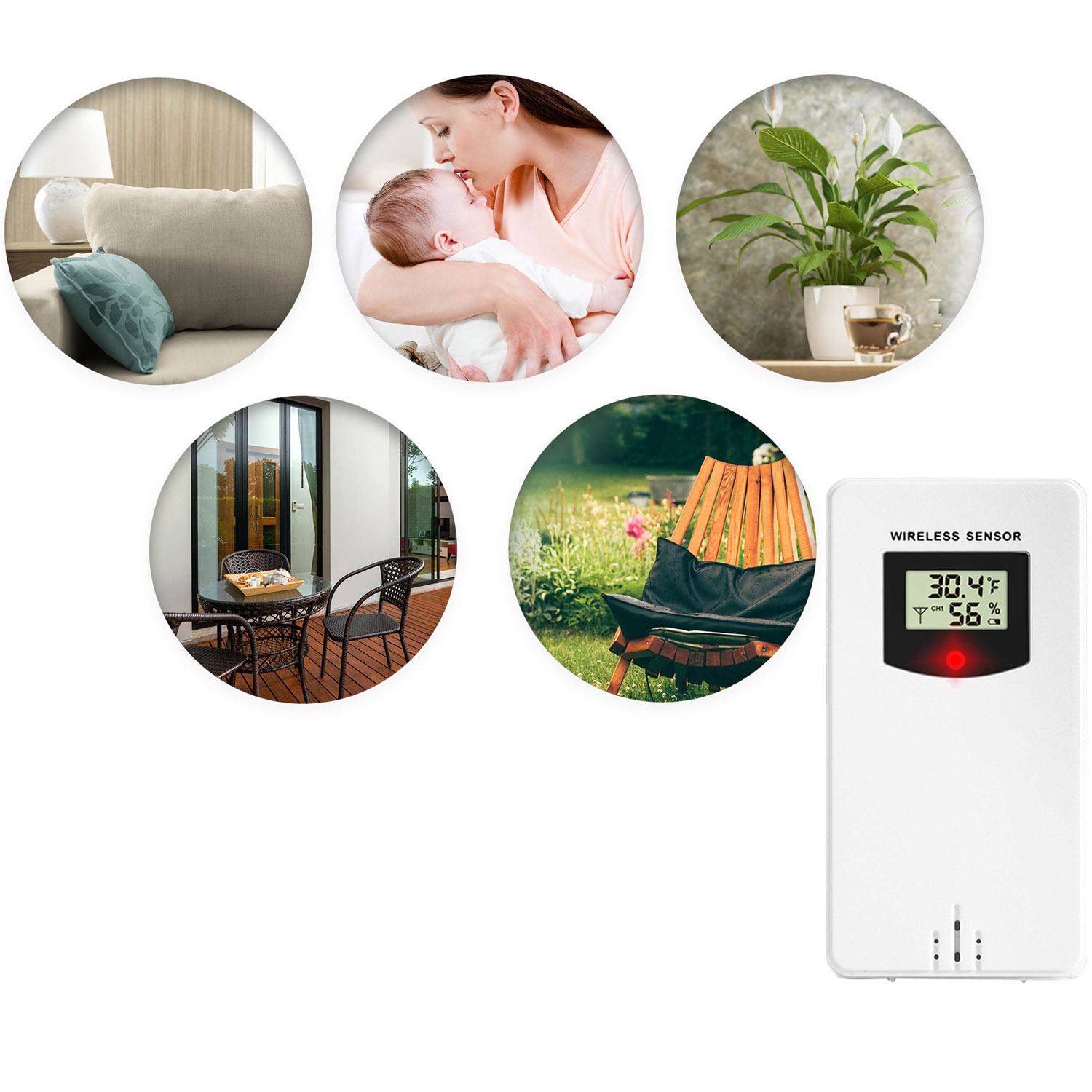 Obraz przedstawia czujnik bezprzewodowy wyświetlający temperaturę i wilgotność. Inne obrazy pokazują dziecko, rośliny i otoczenie zewnętrzne.
