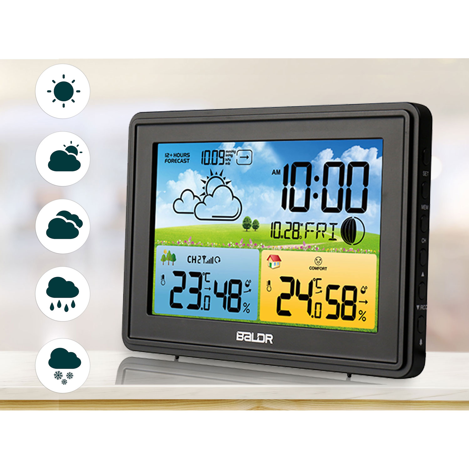 Cyfrowa stacja pogodowa wyświetla czas, datę i ikony prognozy pogody. Pokazuje temperaturę, wilgotność i poziom komfortu.