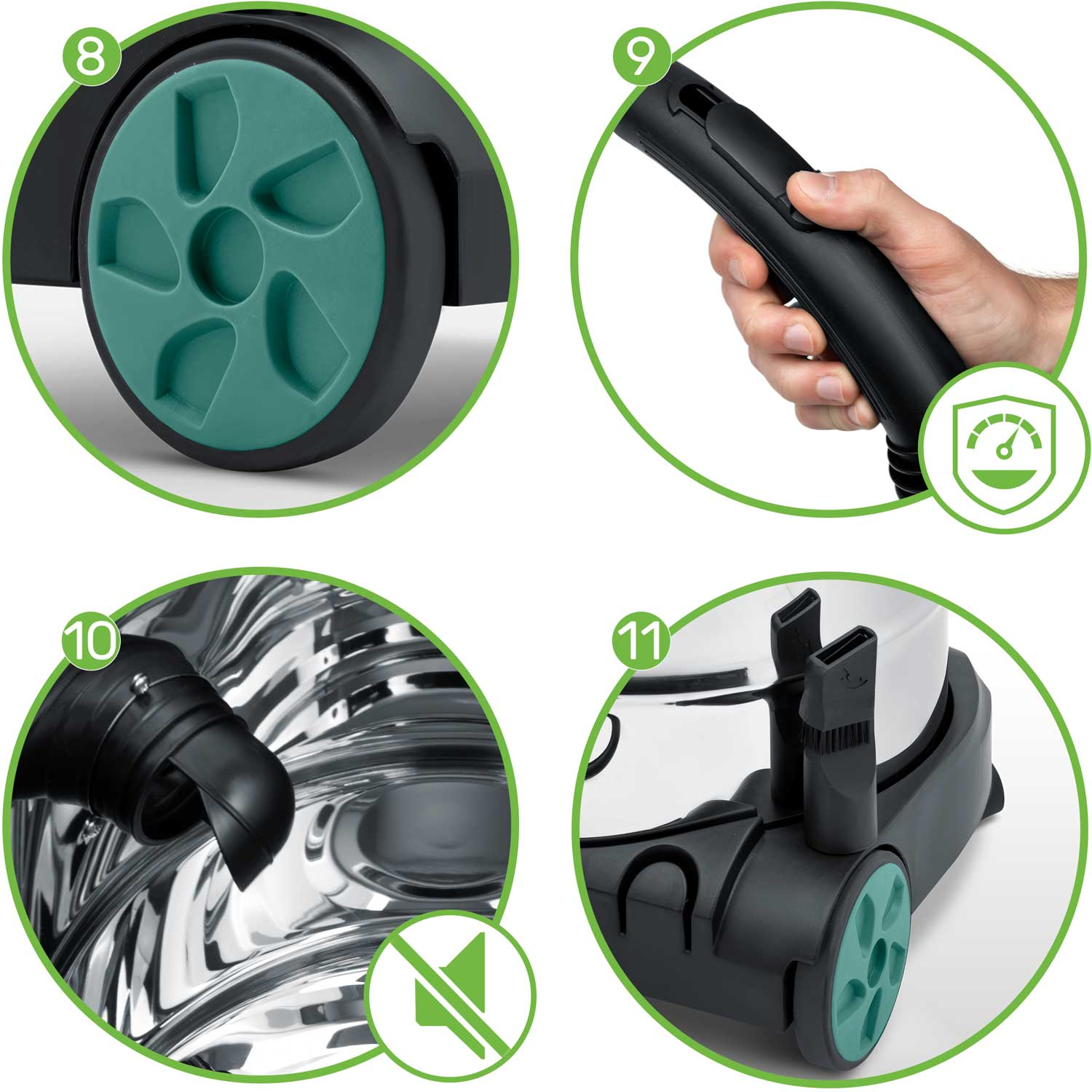 Zbliżenie na części odkurzacza: koło, uchwyt, dysza i korpus. Szczegóły pokazują kolor i design.