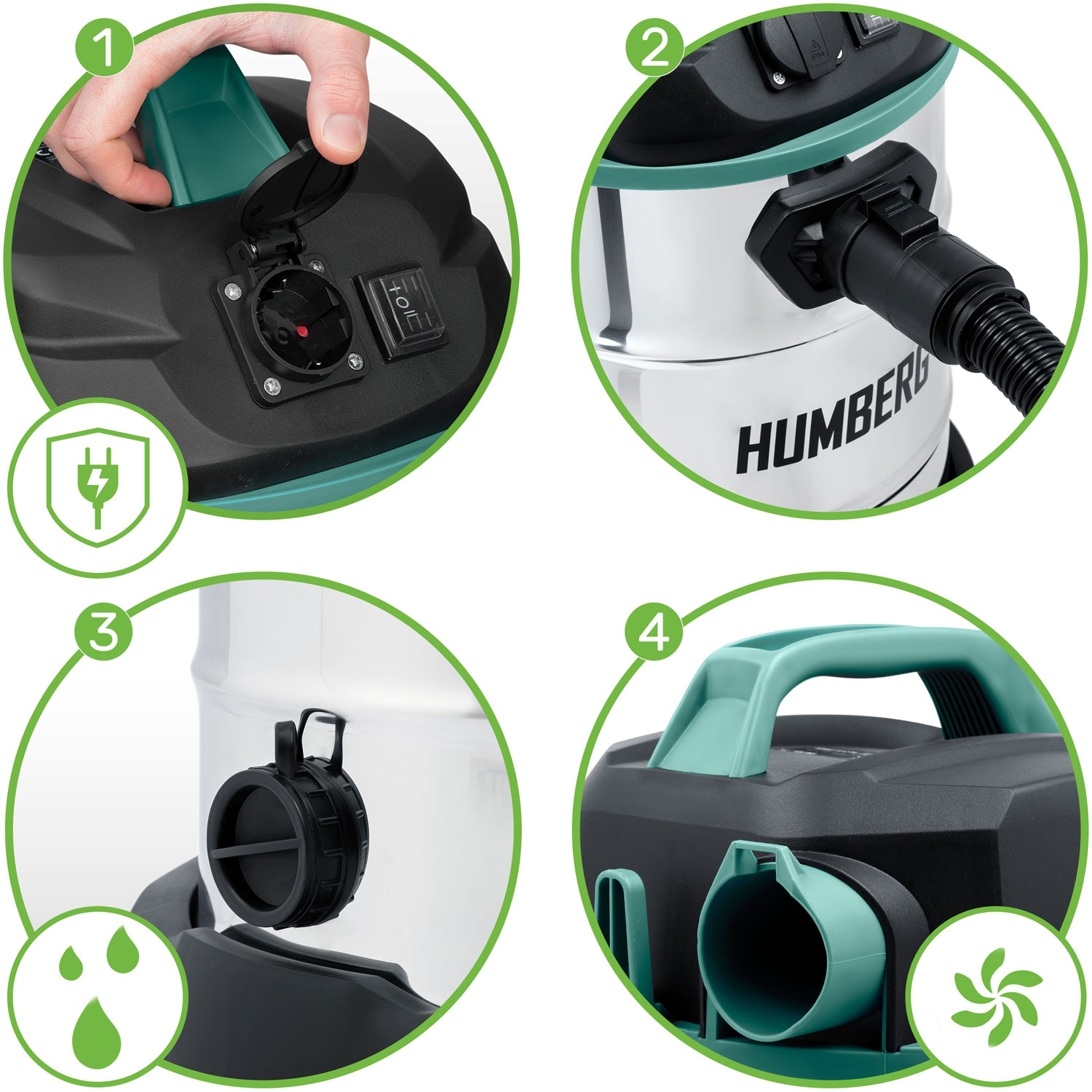 Zbliżenie odkurzacza pokazujące gniazdo zasilania, połączenie węża, wylot wody i uchwyt. Szczegóły w kolorze zielonym i czarnym.