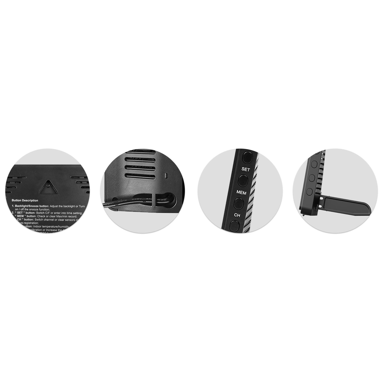 Obraz przedstawia zbliżenia czarnego urządzenia elektronicznego z przyciskami oznaczonymi SET, MEM, CH i podstawką. Tekst opisuje funkcje przycisków.