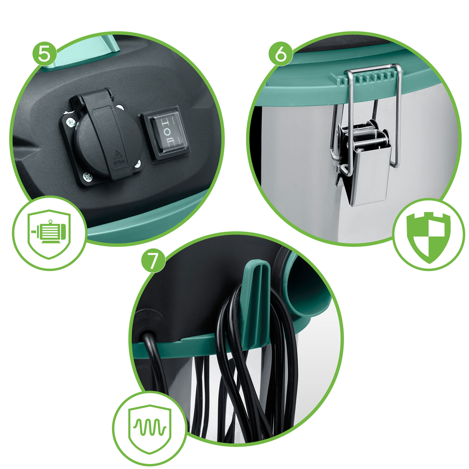 Zbliżenie odkurzacza z naciskiem na gniazdo zasilania, przełącznik, zatrzask i uchwyt kabla. Zielone i czarne detale.