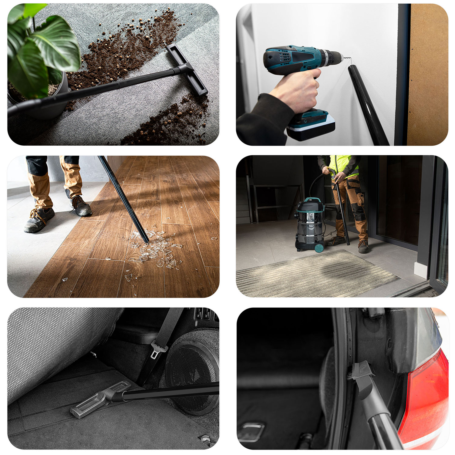 Odkurzacz czyści dywan z ziemią w pobliżu rośliny doniczkowej. Odkurzacz jest czarny, a dywan szary.