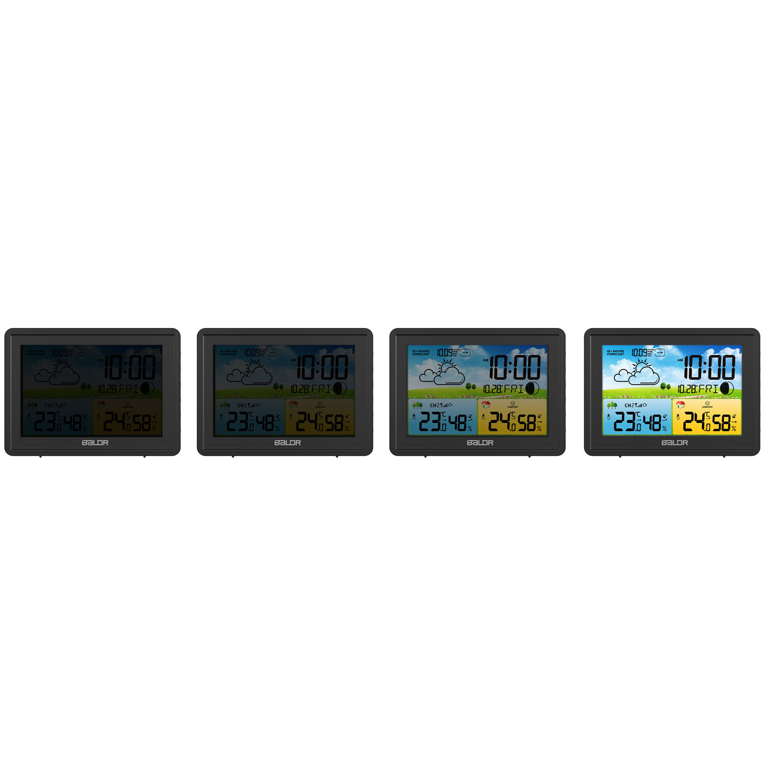 Cztery cyfrowe stacje pogodowe z czarnymi ramkami wyświetlają czas, datę, temperaturę i ikony prognozy pogody na kolorowych tłach.