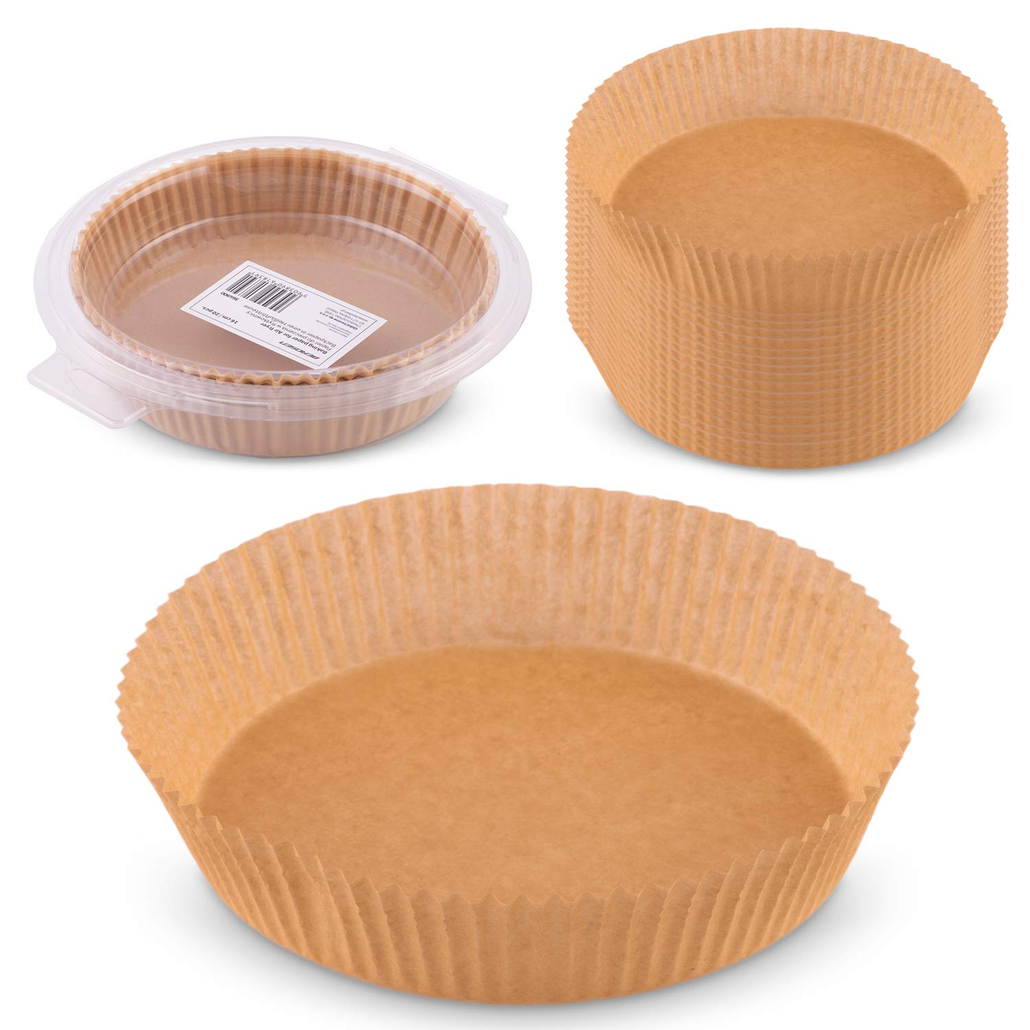 Trzy zestawy brązowych papierowych foremek do pieczenia. Jeden zestaw jest w plastikowym pojemniku. Pokazano stos foremek i pojedynczą foremkę.