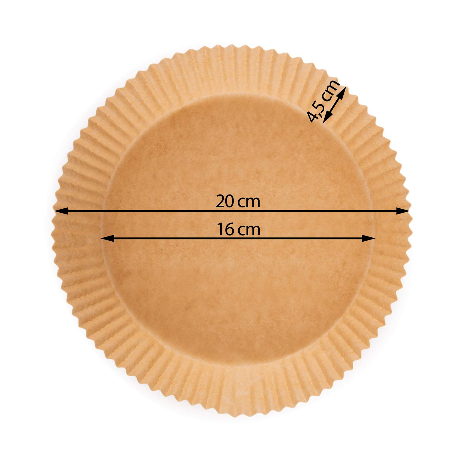 Okrągła, brązowa papierowa foremka do pieczenia z falistą krawędzią. Wymiary: 20 cm, średnica 16 cm i wysokość 4,5 cm.