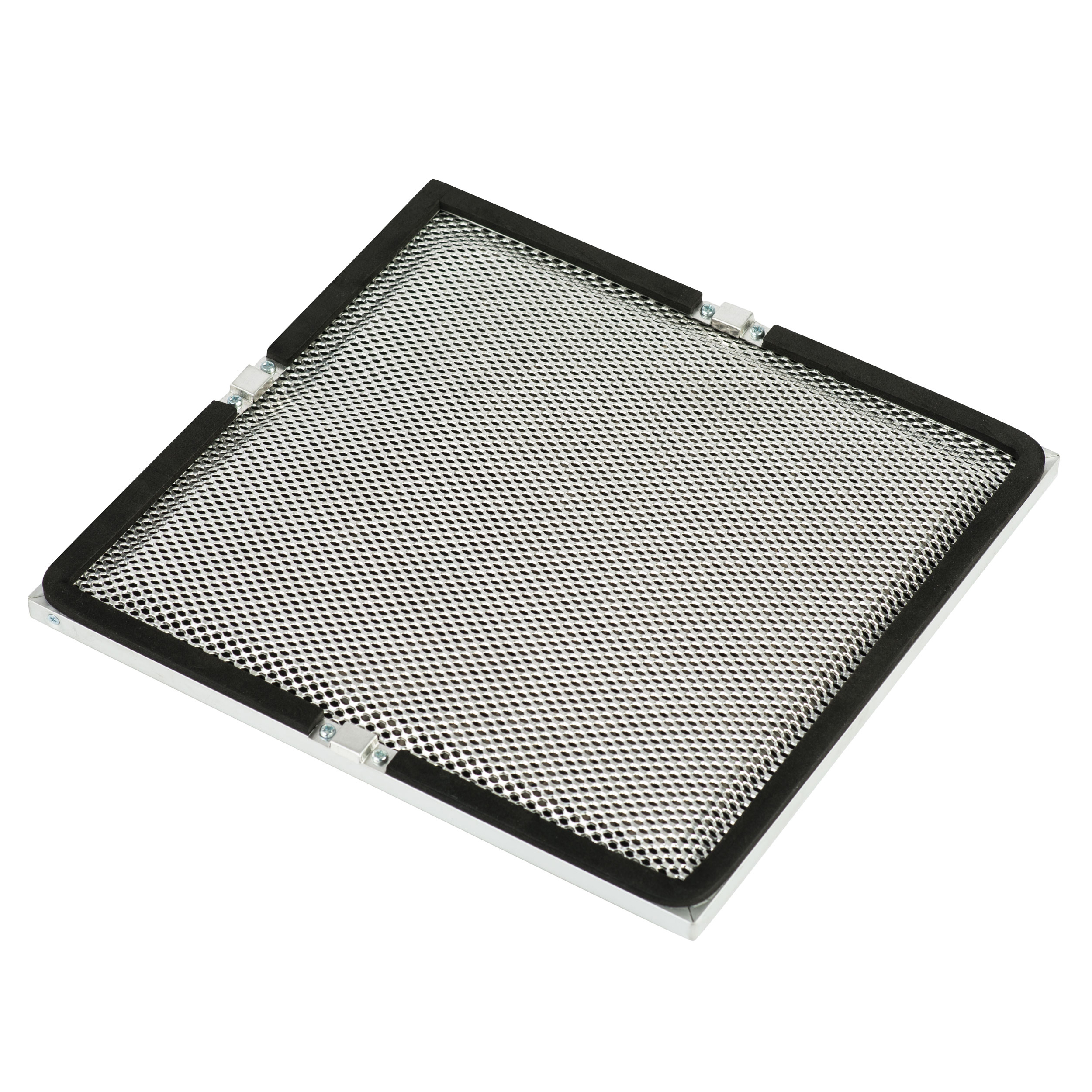 Prostokątny filtr powietrza z metalową siatką, czarną obwódką i srebrną ramką, na białym tle.