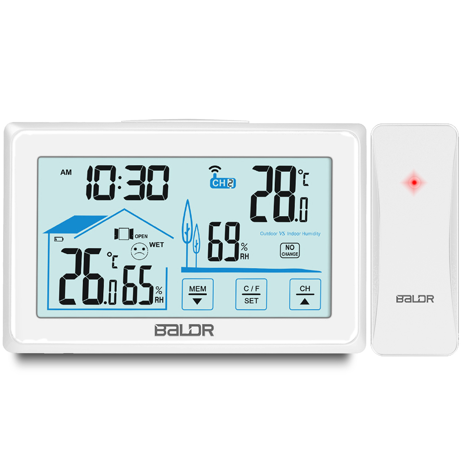 Biała stacja pogodowa Baldr wyświetla godzinę, temperaturę i wilgotność. Po prawej stronie znajduje się oddzielny biały czujnik.
