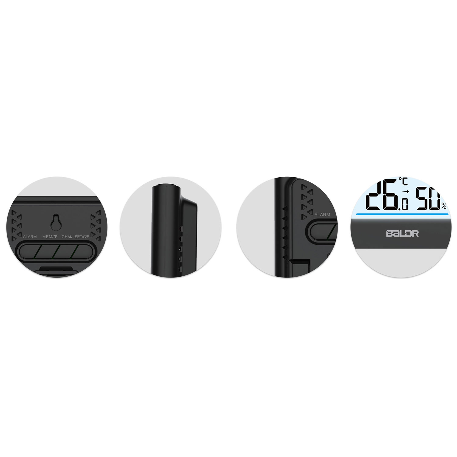 Zbliżenie termometru cyfrowego, pokazujące temperaturę i wilgotność. Widoczne przyciski i marka 'BALDR'.