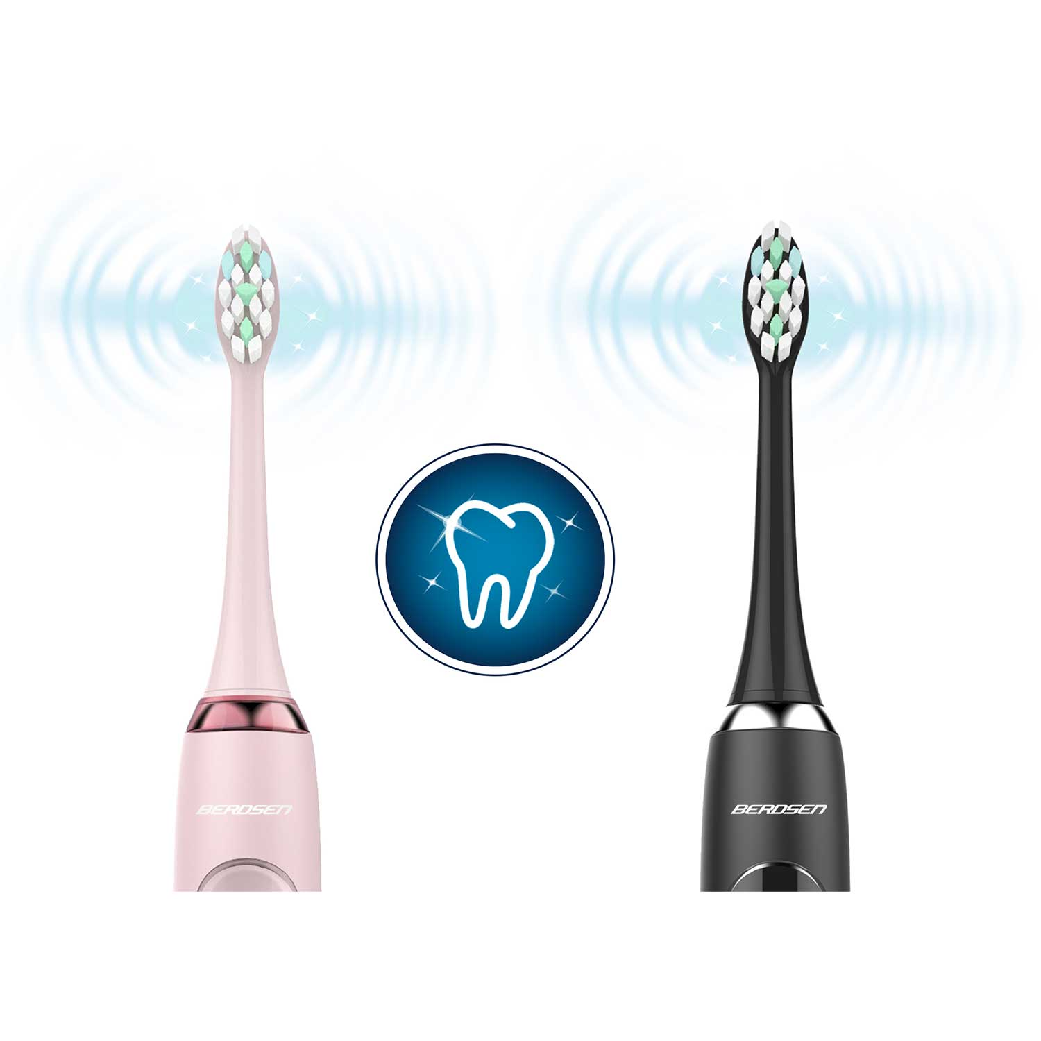 Dwie elektryczne szczoteczki do zębów, różowa i czarna, z niebieskimi efektami fal dźwiękowych. Ikona zęba jest na środku.