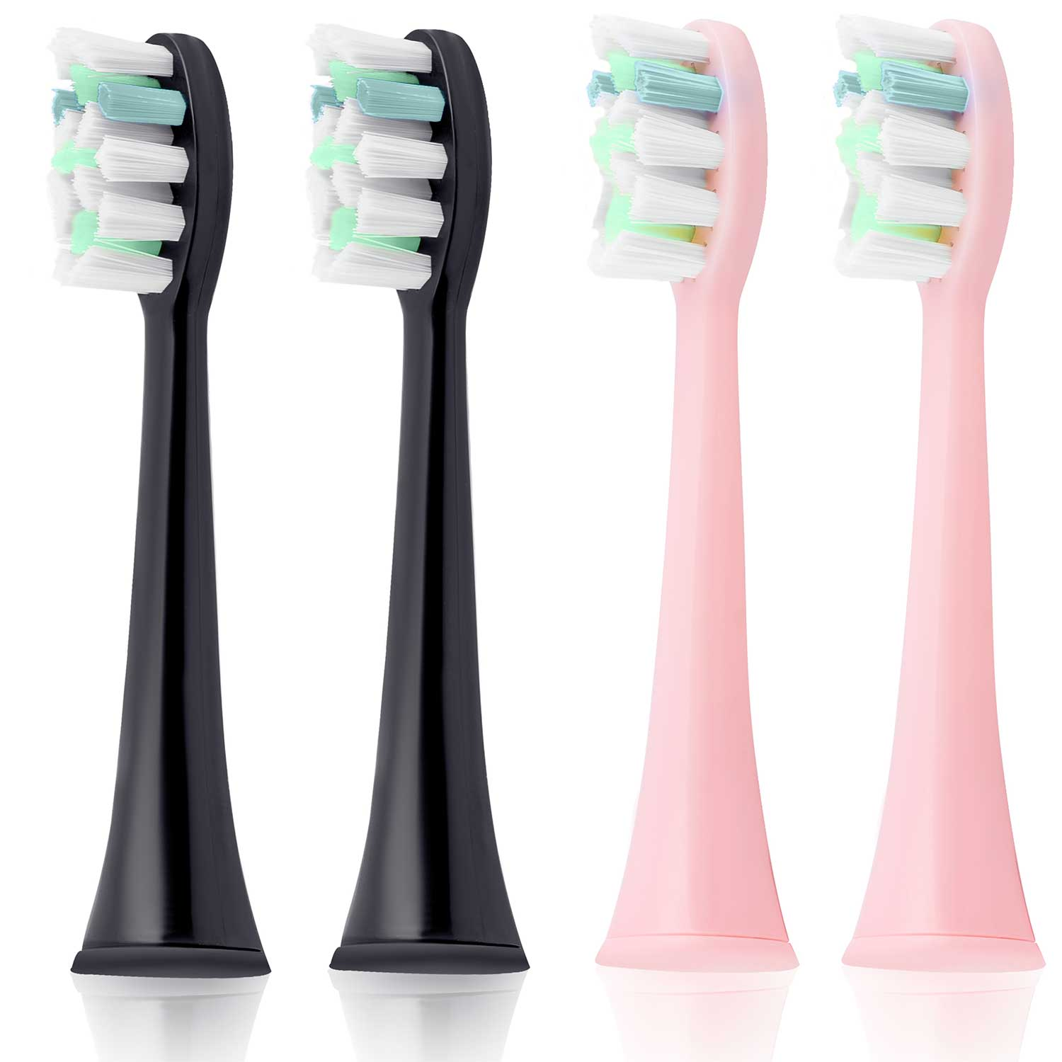 Cztery główki szczoteczki do zębów: dwie czarne i dwie różowe. Każda ma białe włosie z zielonymi i białymi akcentami. Są obok siebie.