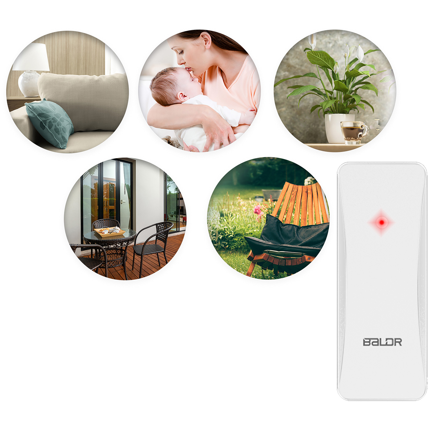 Obraz przedstawia pilota z czerwonym światłem i kilka okrągłych obrazów: sofa, matka z dzieckiem, roślina, zestaw na patio i krzesło.