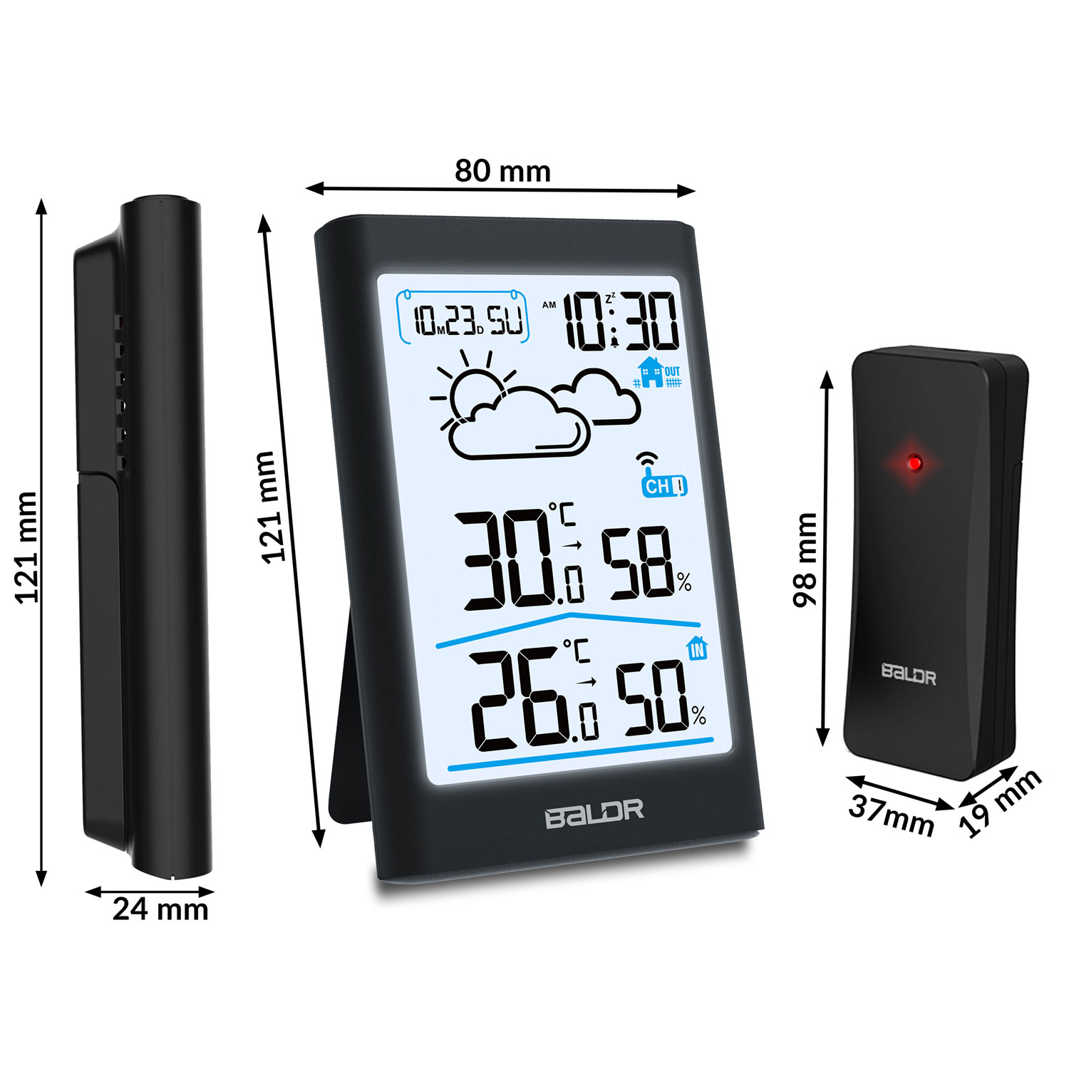 Czarna stacja pogodowa z cyfrowym wyświetlaczem pokazującym godzinę, datę i temperaturę. Widoczny jest również oddzielny czujnik i widok z boku.
