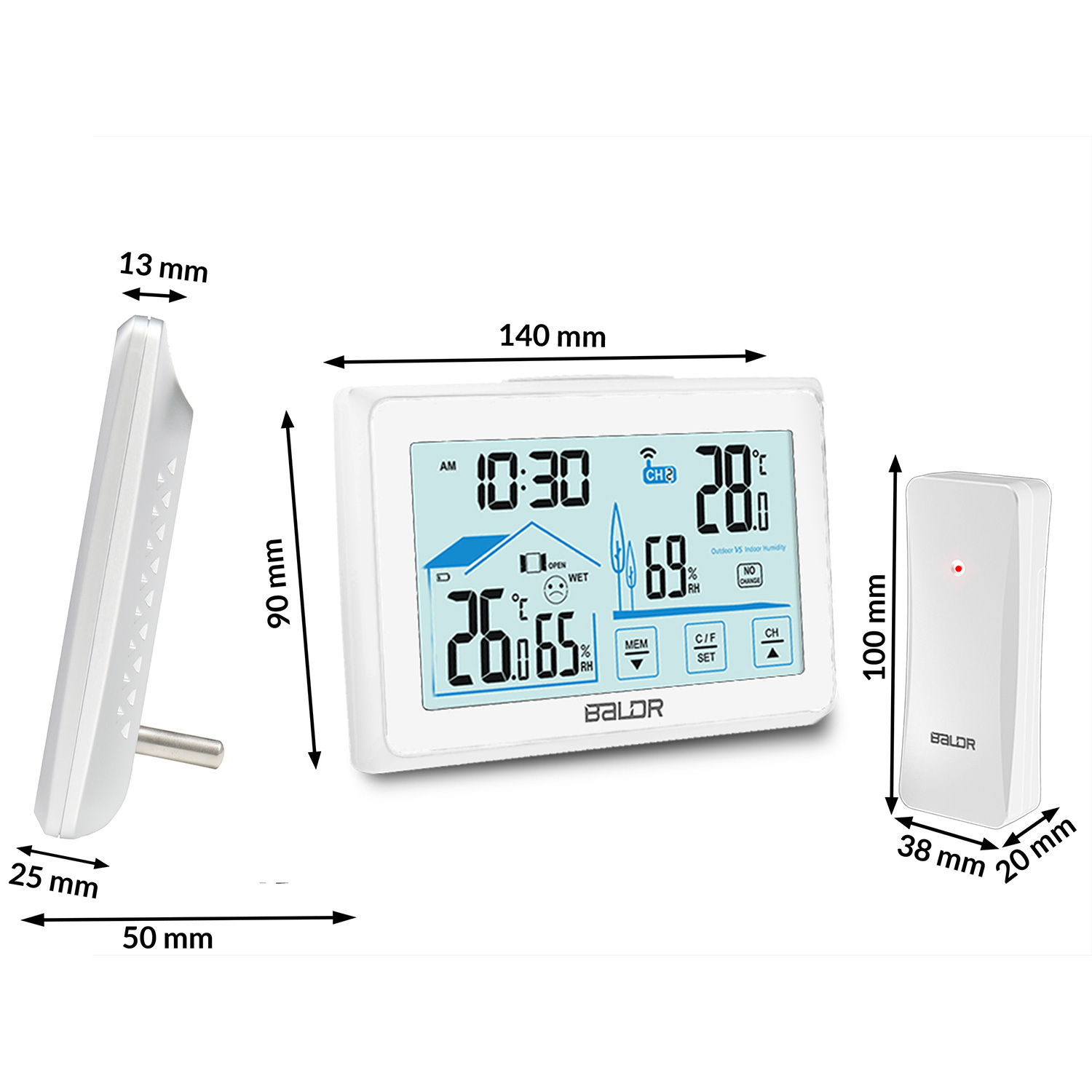 Biała cyfrowa stacja pogodowa pokazuje czas, temperaturę i wilgotność. Osobny czujnik po prawej. Pomiary wskazane z wymiarami.