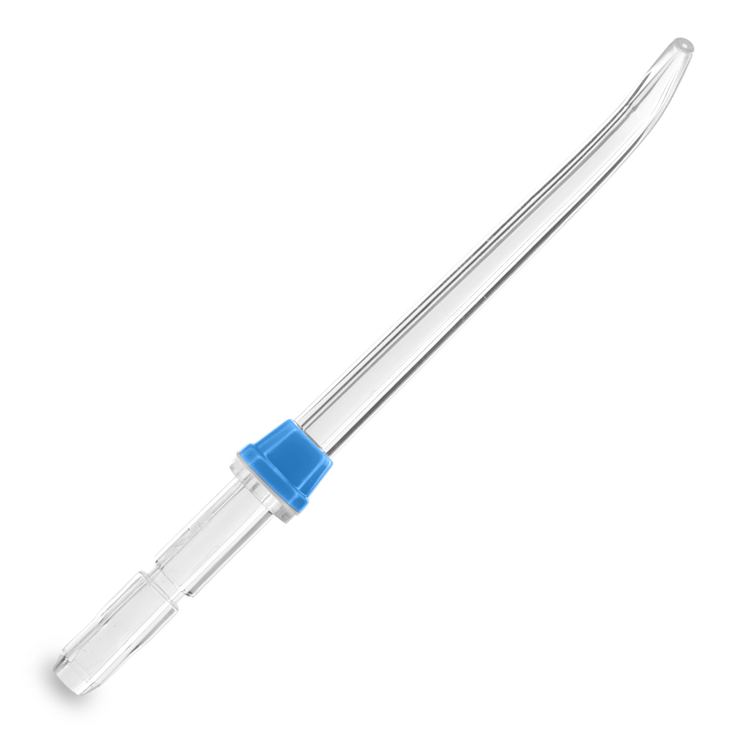 Przezroczysta, zakrzywiona końcówka irygatora dentystycznego. Ma niebieski łącznik. Tło jest białe.