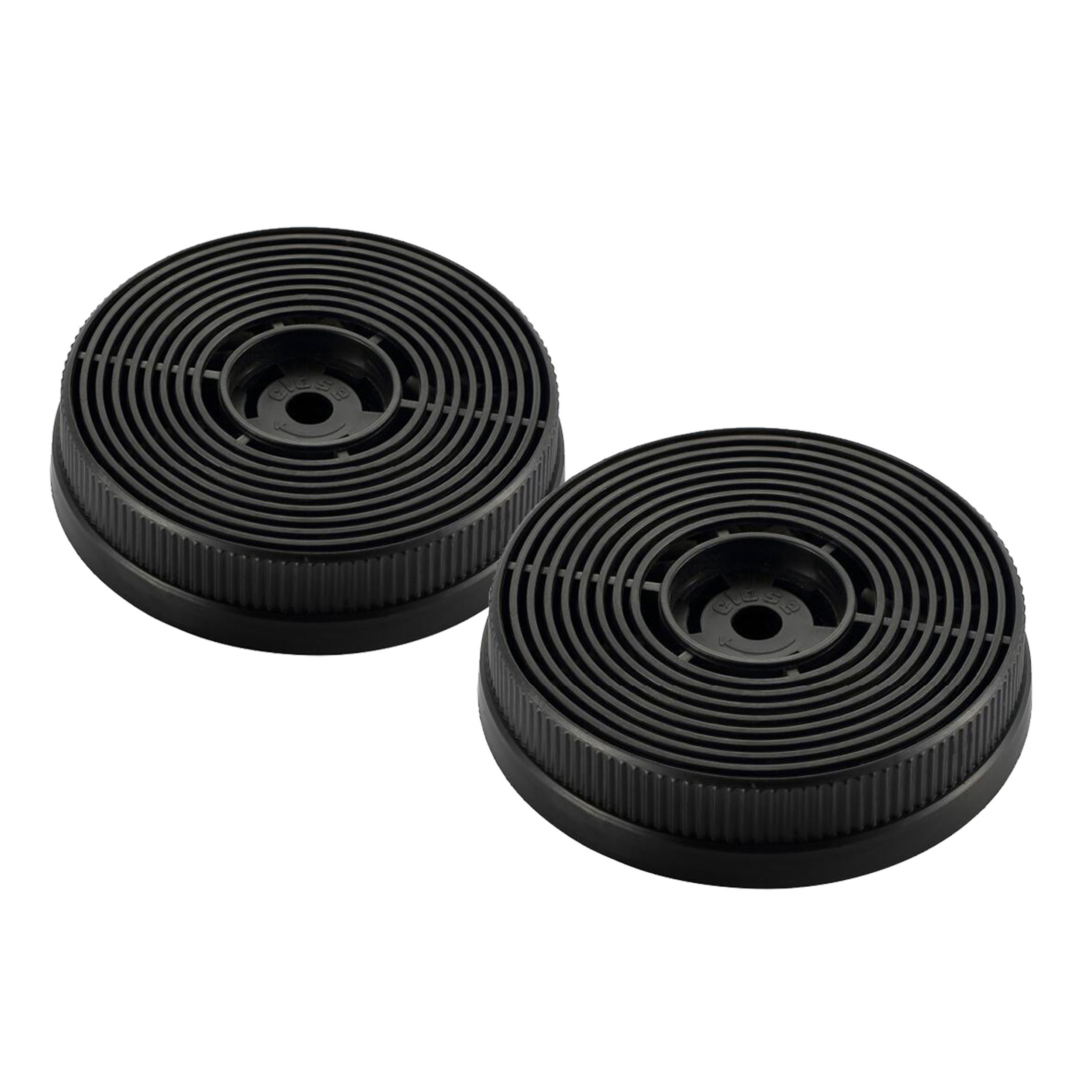 Dwa czarne, okrągłe filtry węglowe. Każdy ma koncentryczne okręgi i centralny otwór. Tło jest białe.