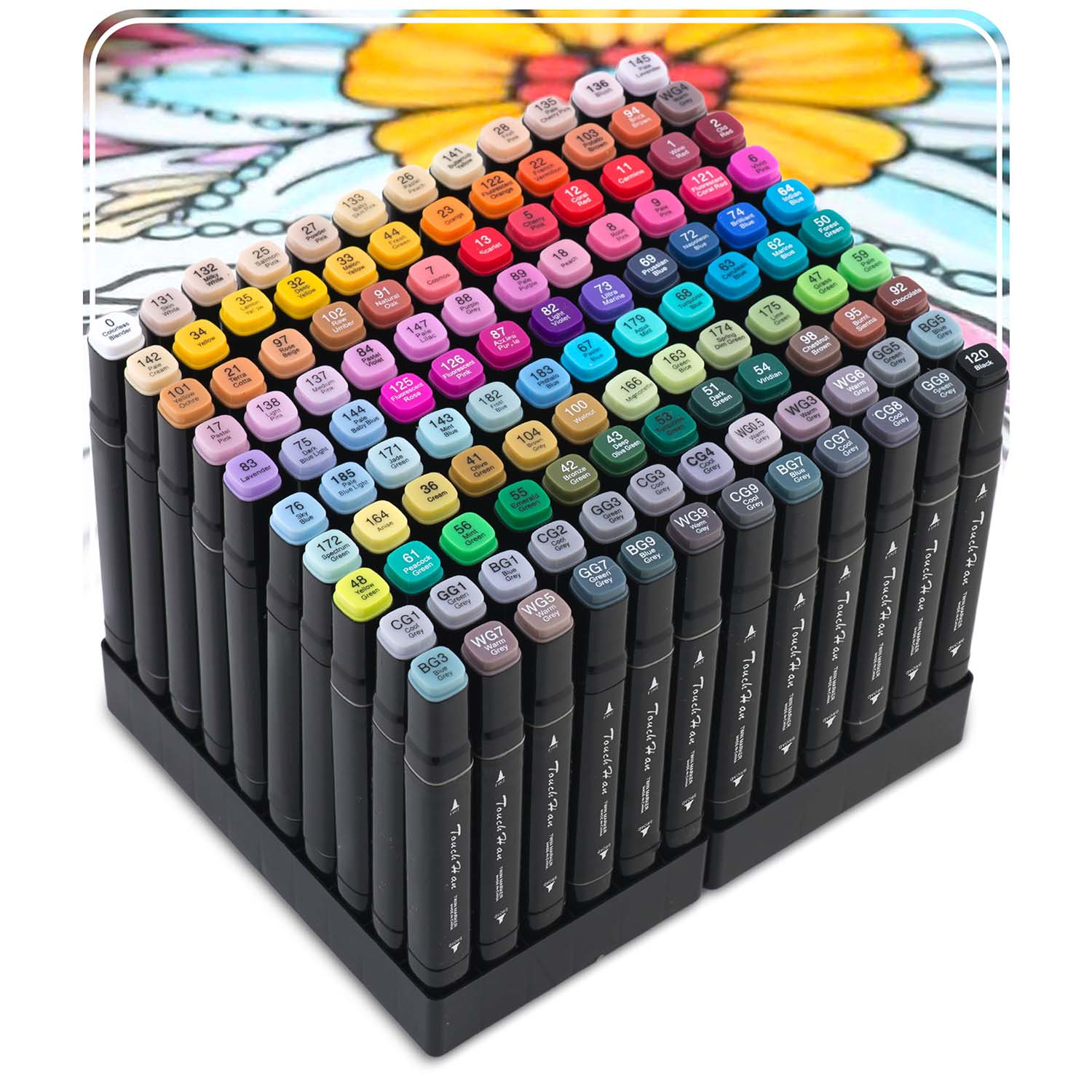 Zestaw kolorowych markerów w czarnym pojemniku, z widocznymi nazwami kolorów. Tło to rysunek kwiatowy.