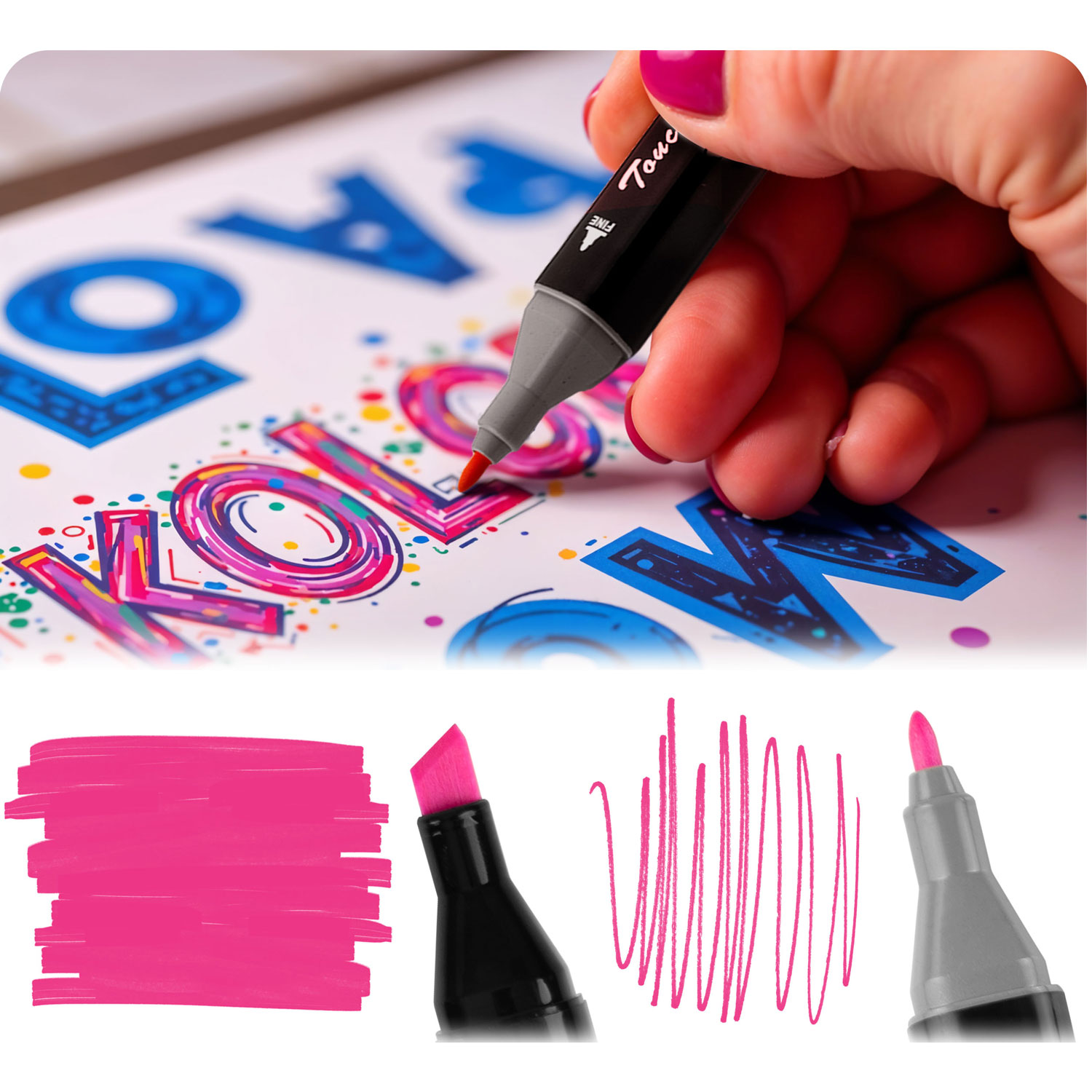 Dłoń z różowymi paznokciami trzyma czarny marker, kolorując słowo 'COLOR' na papierze. Poniżej przykłady użycia markera.