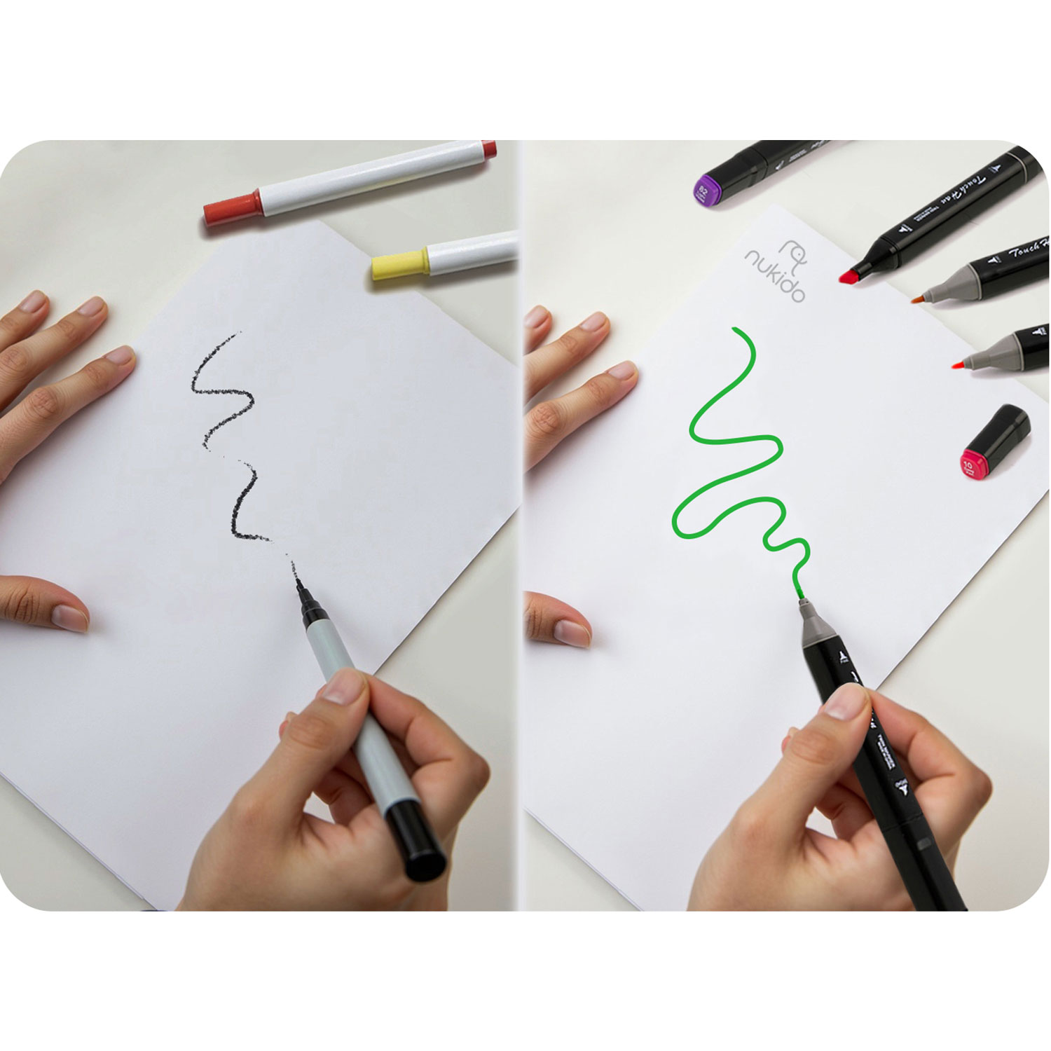 Ręce rysują markerami na papierze. Widoczne są różne markery, niektóre służą do rysowania linii. Tło jest białe.