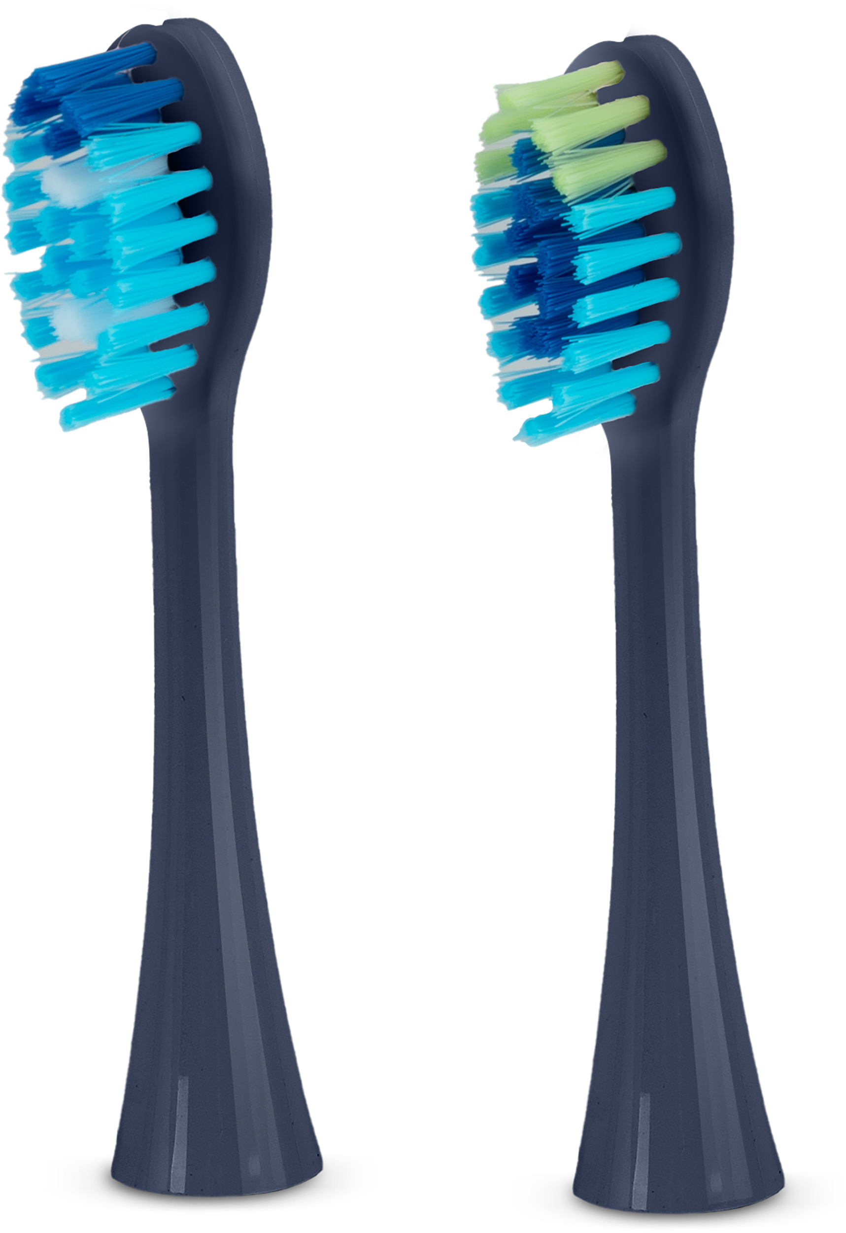 Dwie głowice szczoteczek do zębów. Jedna ma niebieskie i białe włosie, druga niebieskie i zielone włosie. Obie mają ciemnoszare uchwyty.