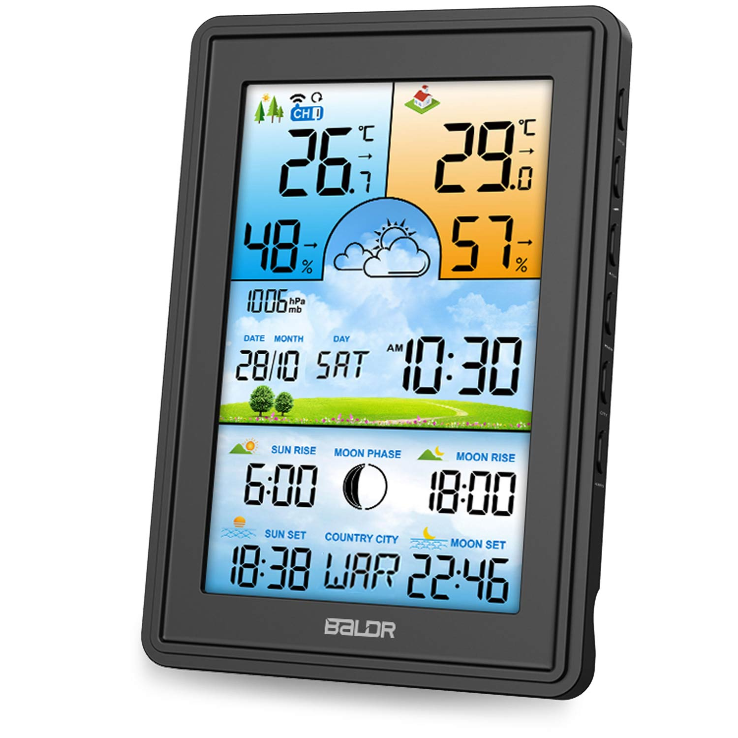 Czarna stacja pogodowa wyświetlająca temperaturę, wilgotność, godzinę, datę i fazę księżyca. Ekran pokazuje dane pogodowe.