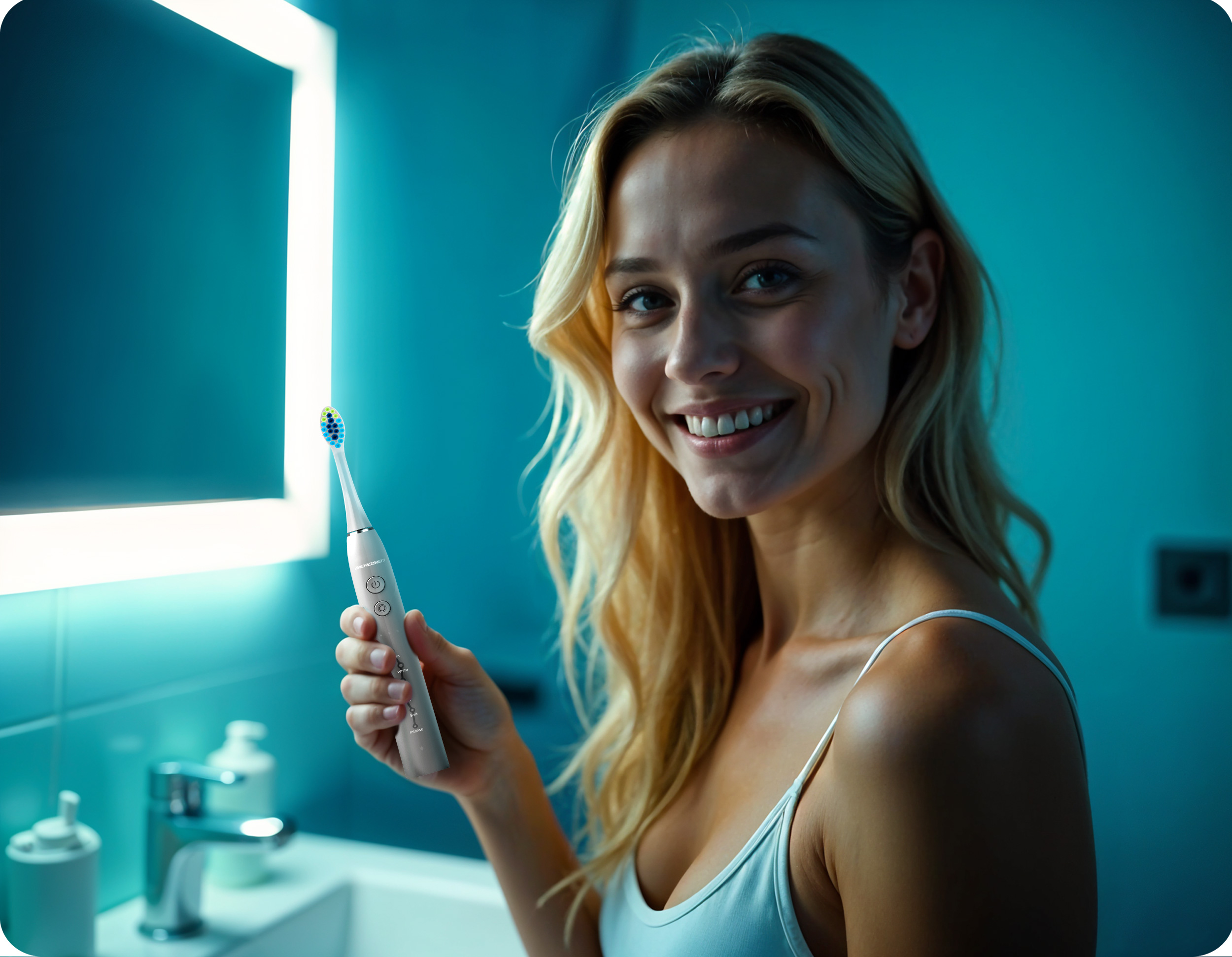 Kobieta uśmiecha się, trzymając elektryczną szczoteczkę do zębów w łazience. Widoczne lustro i umywalka.