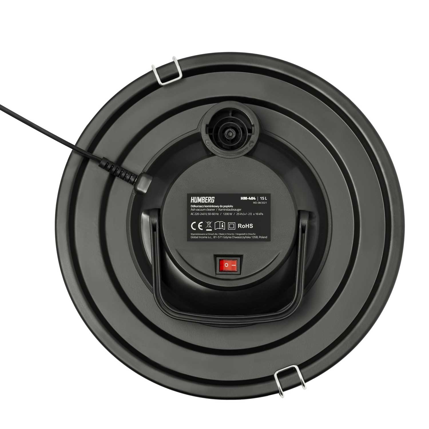 Czarny, okrągły odkurzacz do popiołu z uchwytem i przyciskiem zasilania pokazany z góry. Widoczna jest marka Humberg.