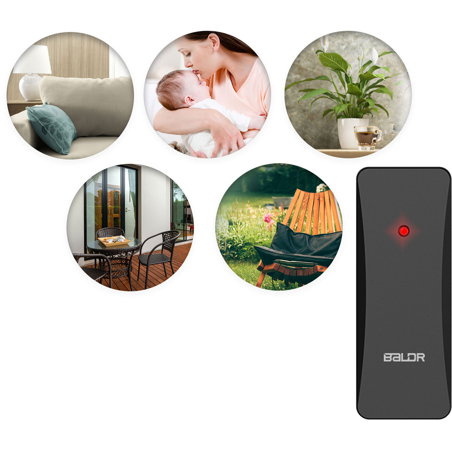 Obraz przedstawia urządzenie z czerwonym światłem oraz kolaż scen wewnątrz i na zewnątrz: dziecko, roślina i patio.