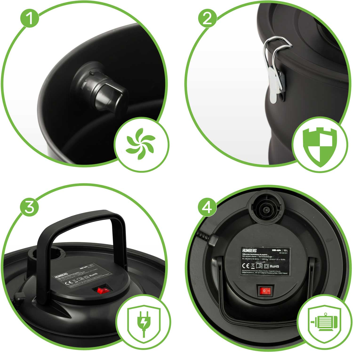 Cztery zbliżenia czarnego odkurzacza. Szczegóły obejmują metalową zatrzask, uchwyt, przełącznik i etykietę z tekstem.