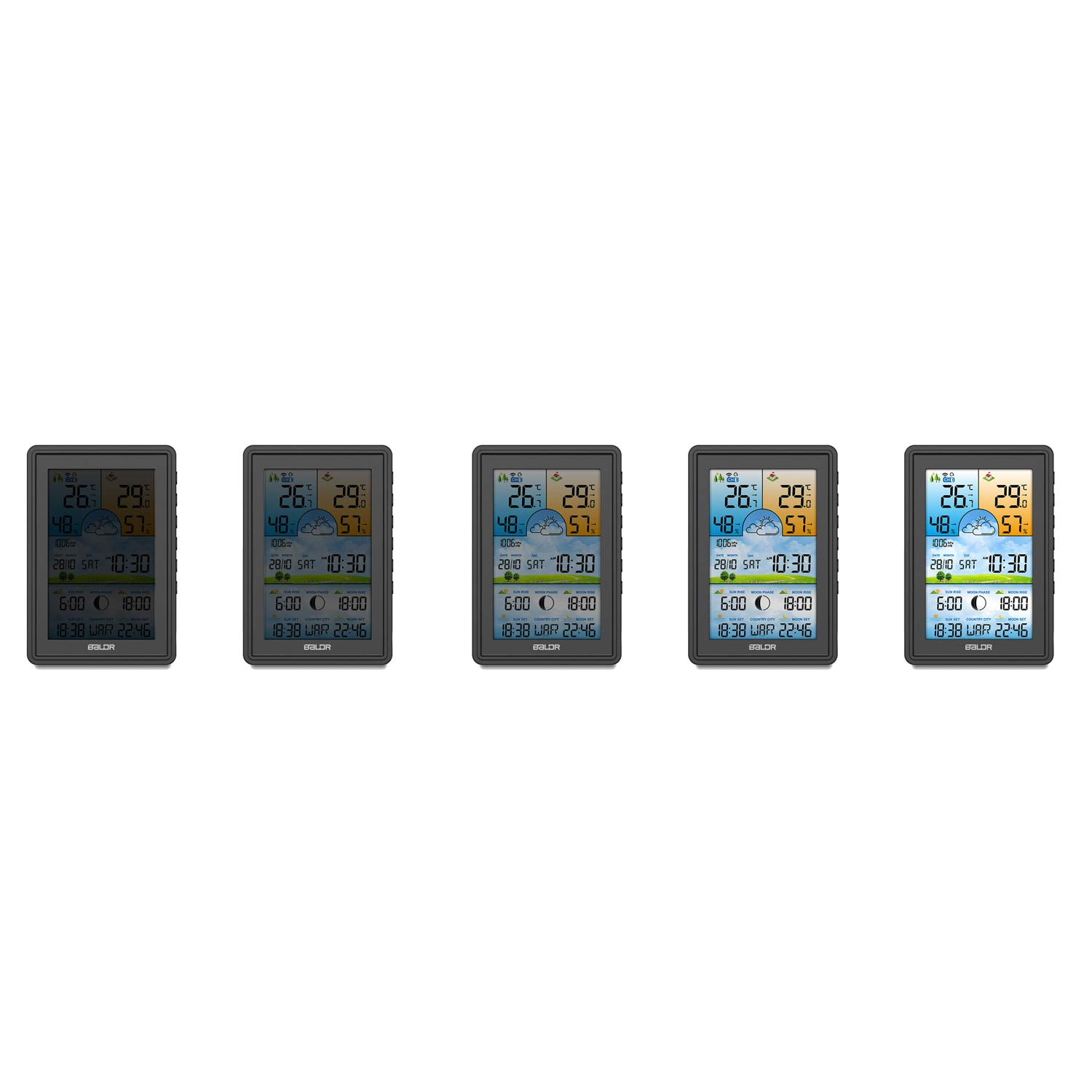 Pięć czarnych cyfrowych stacji pogodowych pokazujących temperaturę, wilgotność i czas. Wyświetlają 26-29 stopni, 48-57% i 6:00-18:00.
