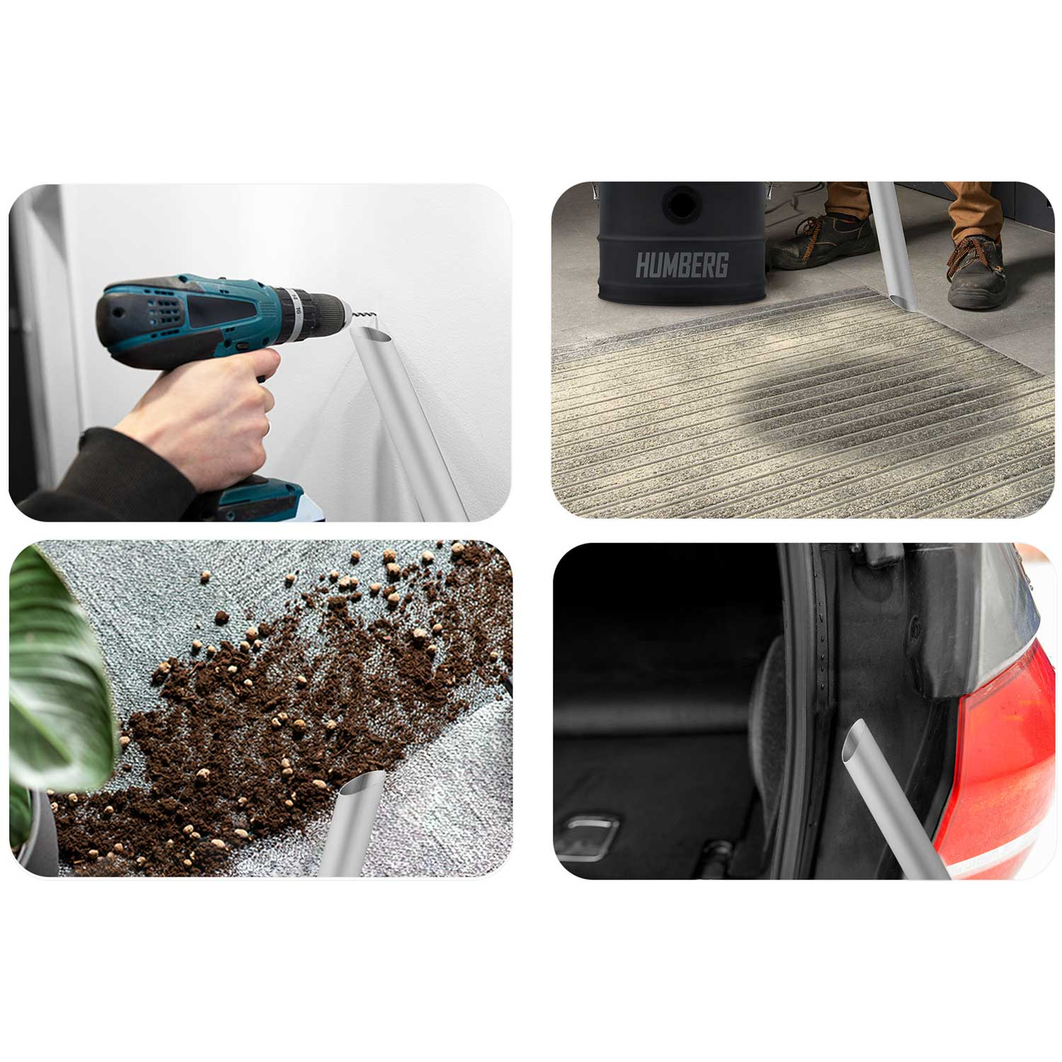 Osoba używająca wiertarki do montażu metalowej rury na białej ścianie. Wiertarka jest turkusowa i czarna.