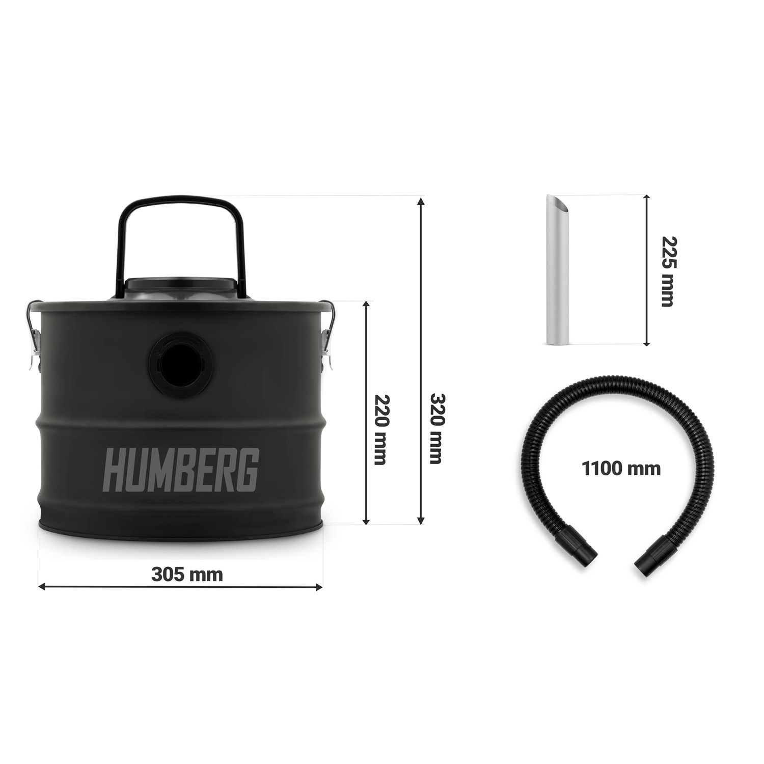 Czarny bęben Humberg z uchwytem, wężem i metalową częścią. Wymiary są pokazane. Bęben ma nazwę Humberg.