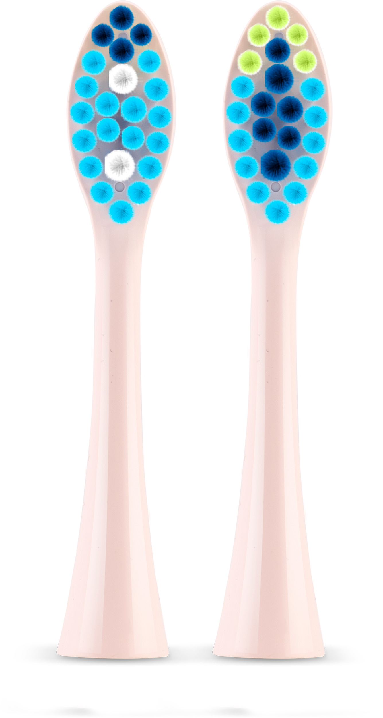 Dwie główki szczoteczki do zębów, jasnoróżowe rączki, z niebieskim, białym i zielonym włosiem na białym tle.