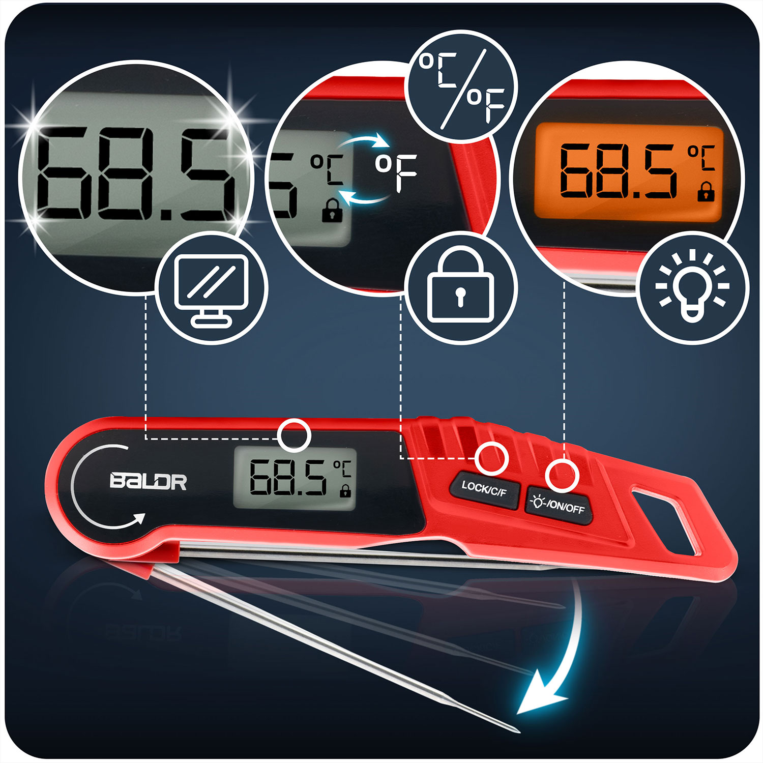 Czerwony termometr Baldr wyświetla 68,5 stopnia. Ikony pokazują ustawienia Celsjusza/Fahrenheita, blokady i zasilania na ciemnym tle.
