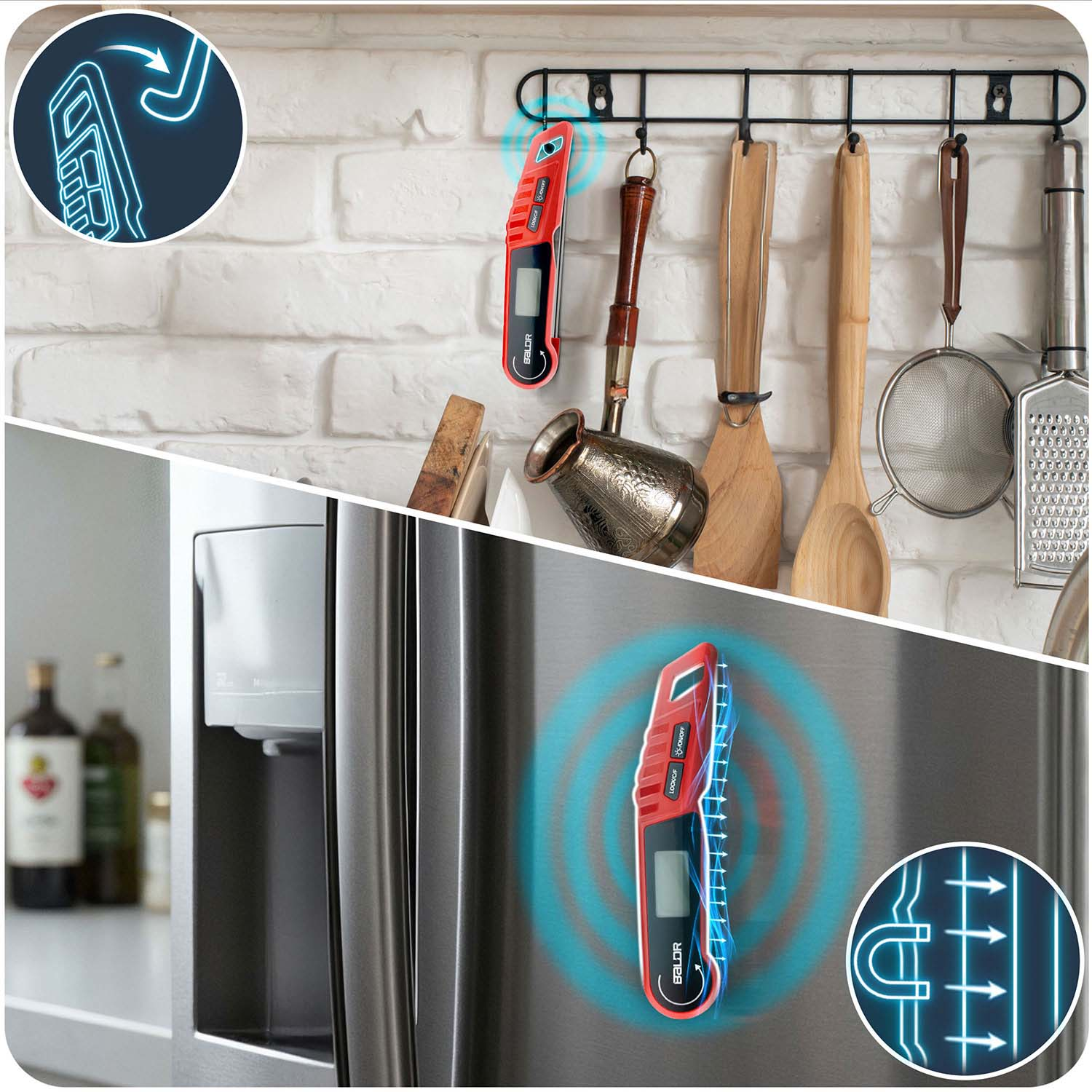 Czerwony termometr cyfrowy wisi w kuchni z naczyniami. Diagram pokazuje siłę magnetyczną termometru.