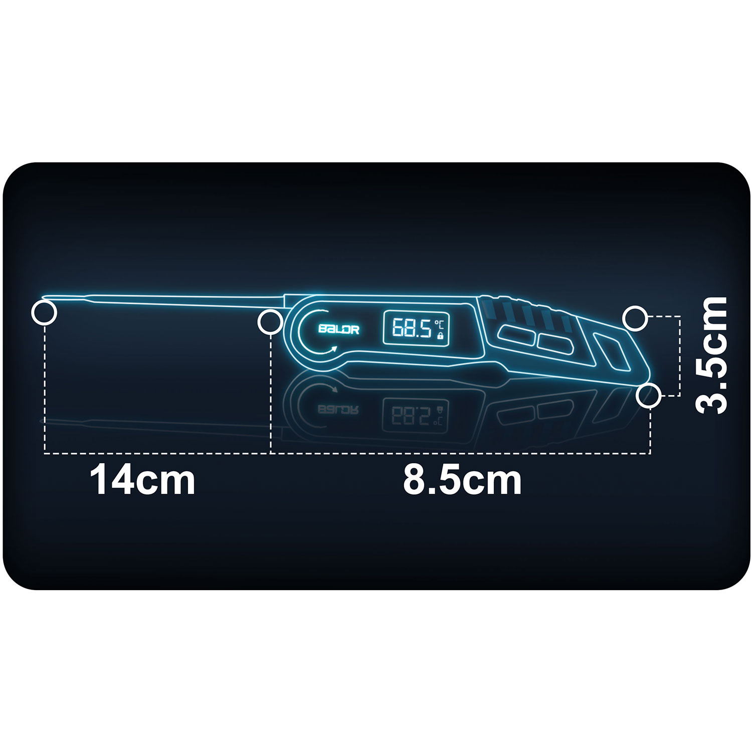 Neonowy niebieski diagram termometru. Etykiety wskazują 14 cm, 8,5 cm i 3,5 cm, z odczytami 68,5°C i 28,2°C.