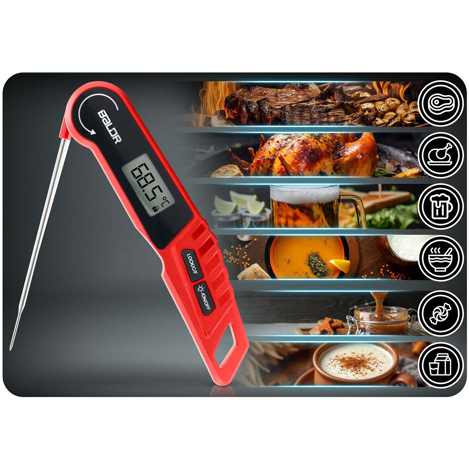 Czerwony termometr do żywności Baldr pokazuje 68,5°C, z obrazami żywności po prawej stronie. Zawiera stek, kurczaka, piwo, zupę i deser.