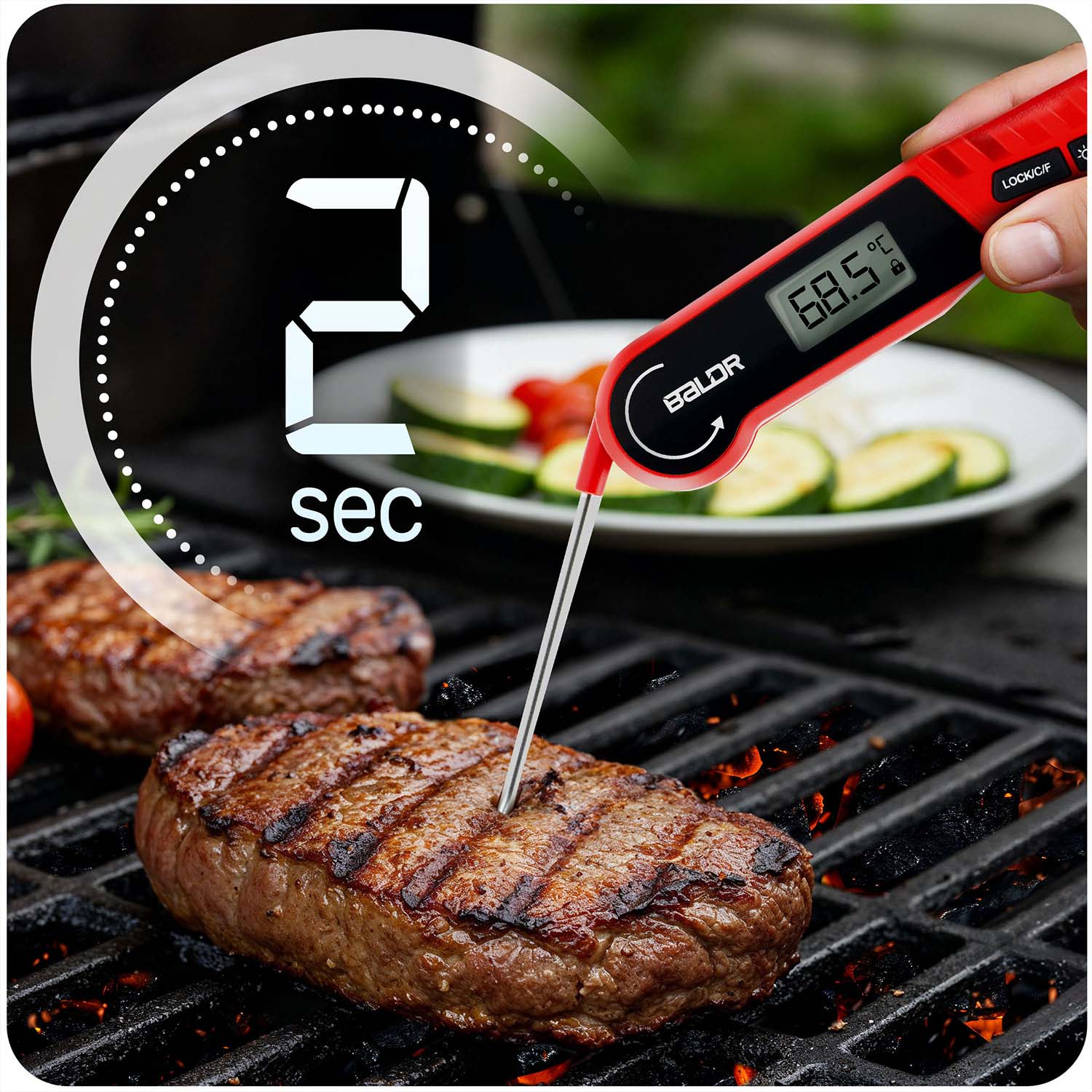 Stek na grillu jest mierzony termometrem. Termometr pokazuje 68,5 stopni. Warzywa w tle.