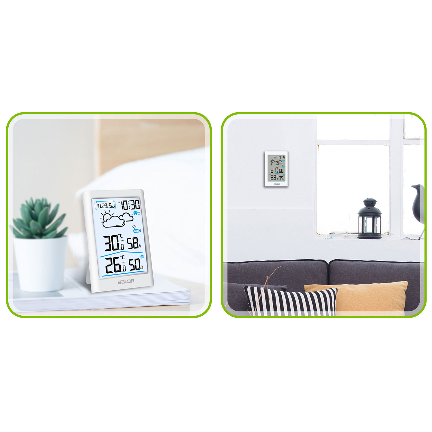 Dwa oprawione obrazy, jeden ze stacją pogodową wyświetlającą temperaturę, wilgotność i czas; drugi z oknem i sofą.